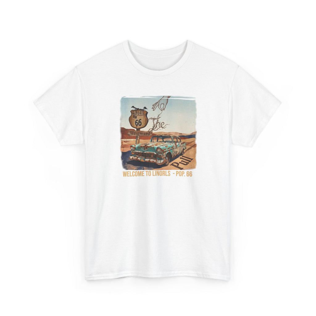 Highway 66 with old car Art print on Unisex Heavy Cotton Tshirt.
