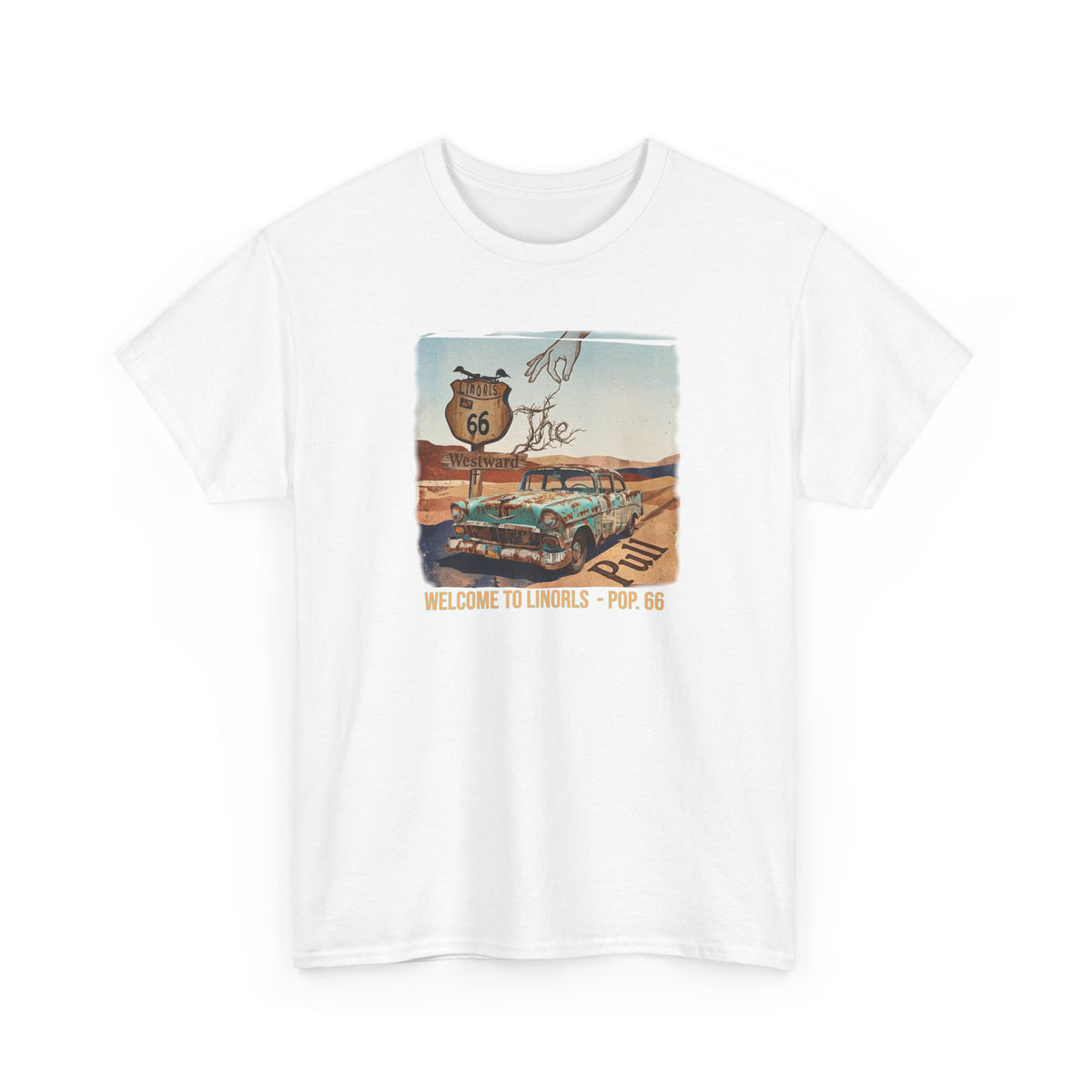 Highway 66 with old car Art print on Unisex Heavy Cotton Tshirt.