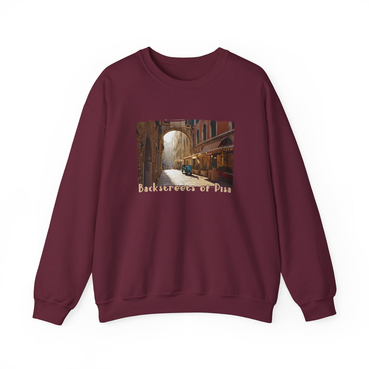 Backstreets of Pisa on Crewneck Sweatshirt — 50/50 blend  makes easy care .Tuscany Ar print