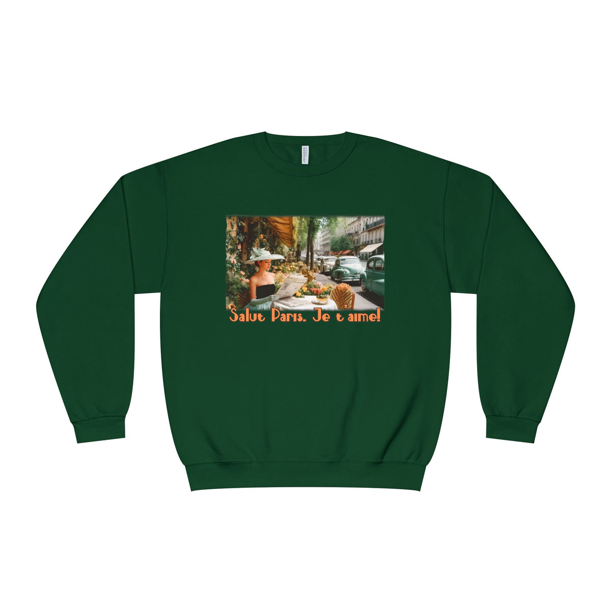 Sweat-shirt ras du cou unisexe « Café de Paris vintage » – Imprimé « Salut Paris, Je t'aime »