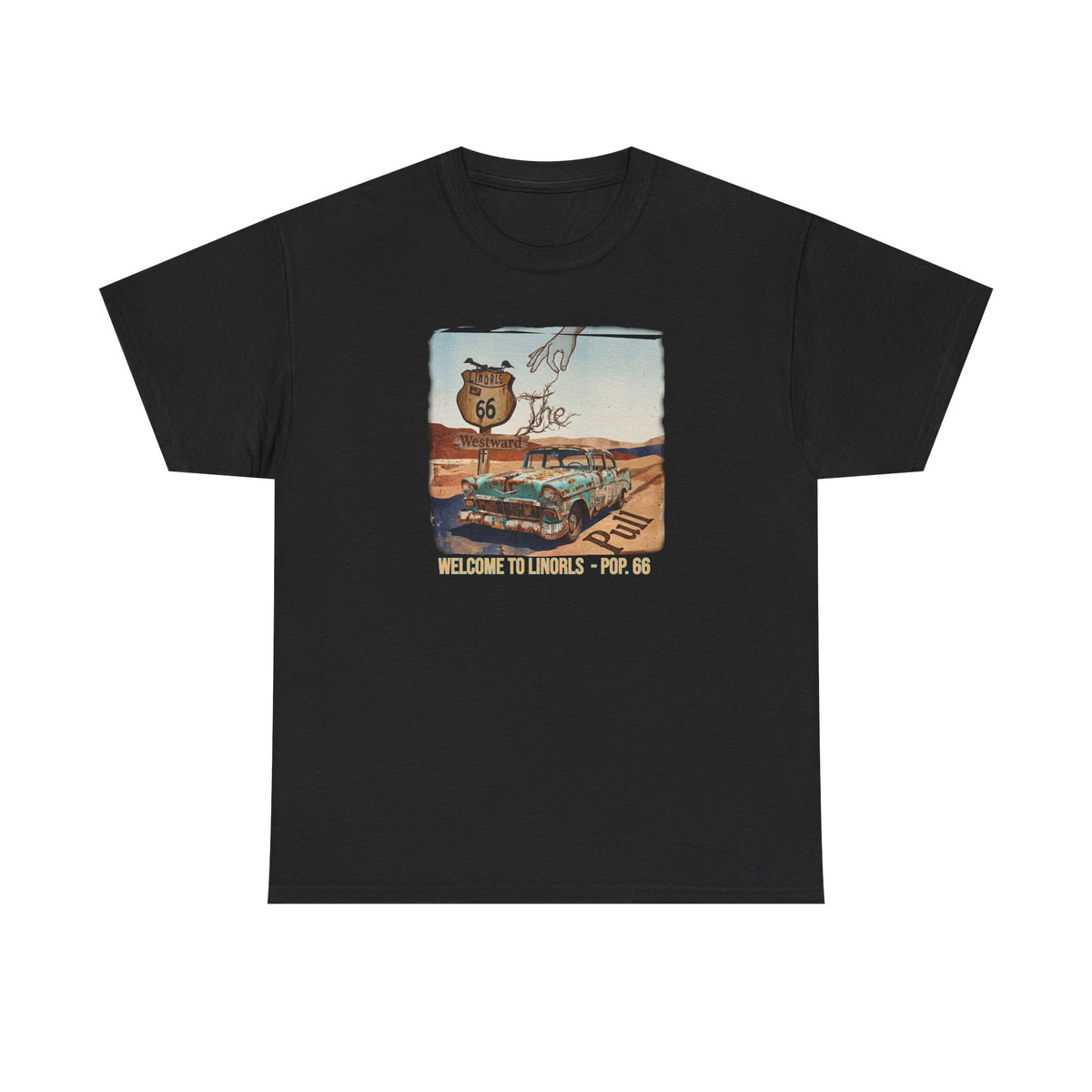 Highway 66 with old car Art print on Unisex Heavy Cotton Tshirt.
