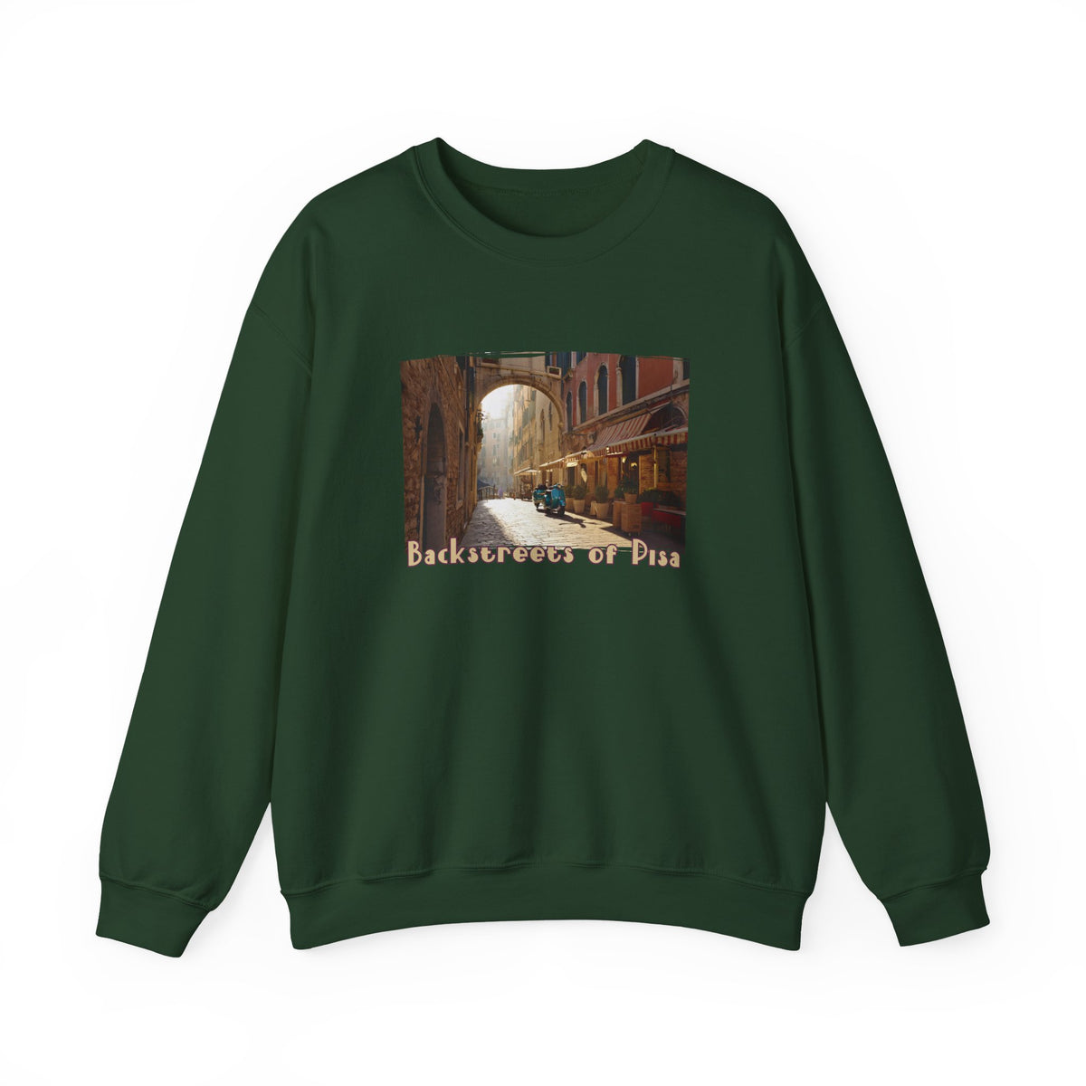 Backstreets of Pisa on Crewneck Sweatshirt — 50/50 blend  makes easy care .Tuscany Ar print