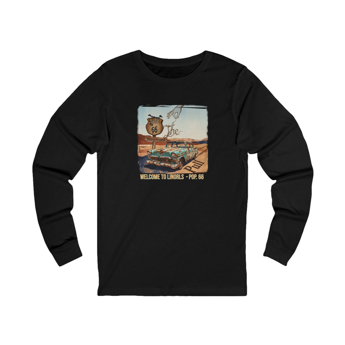 Route 66 Vintage Roadside Long Sleeve Tee — "Welcome to LINORLS" Graphic Art print on ring spun cotton.