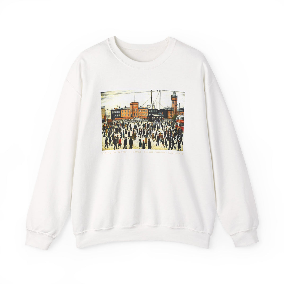 'Going to Work' L S Lowry on medium heavy blend crewneck sweater.