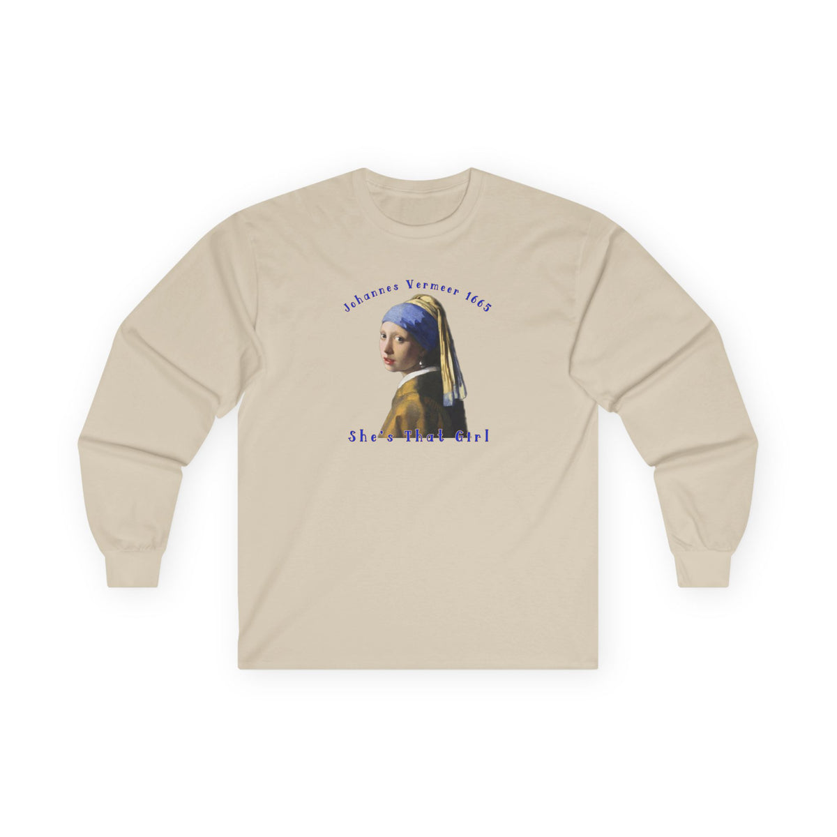 T-shirt à manches longues en coton épais et de poids moyen, avec l'estampe La Jeune Fille à la perle de Johannes Vermeer