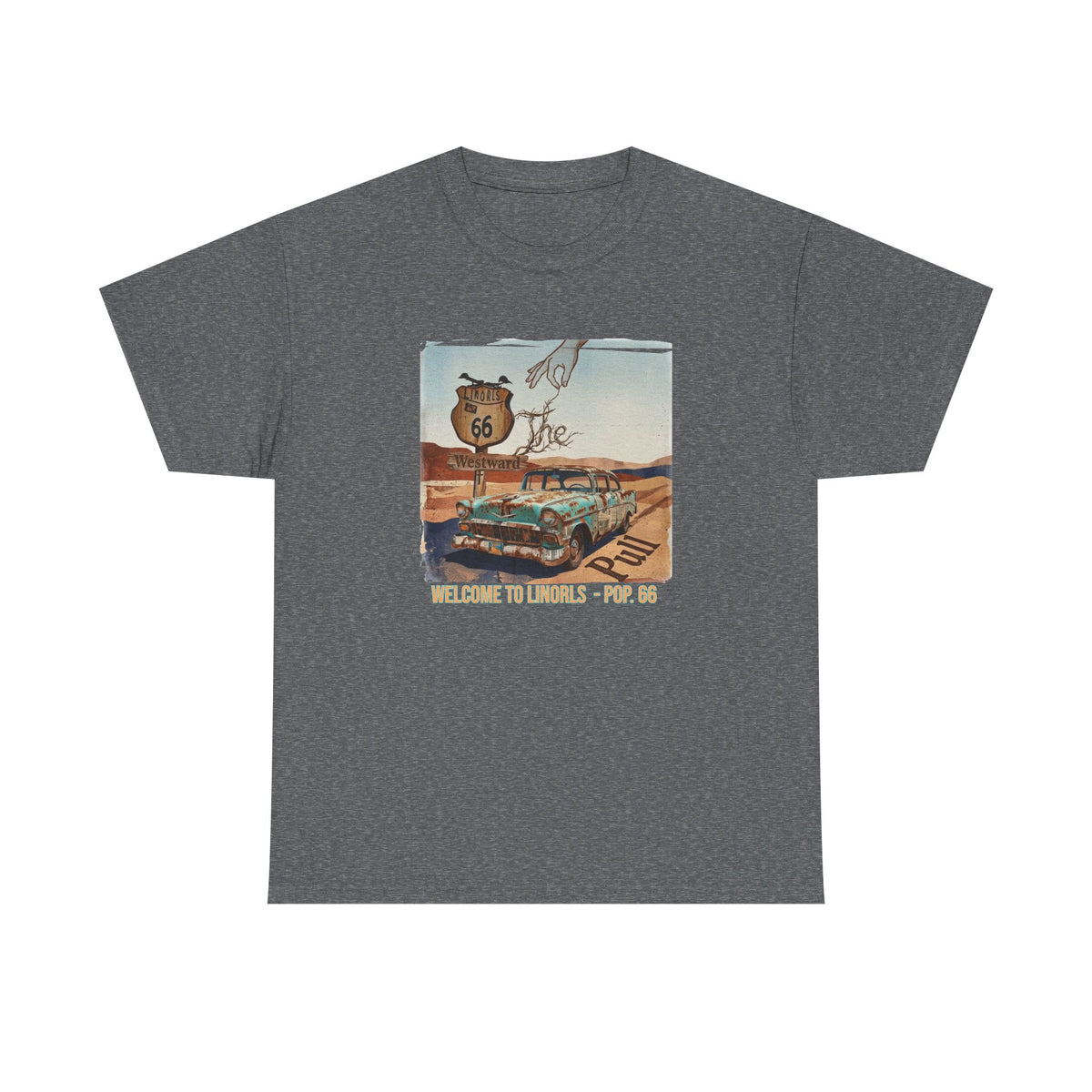 Route 66 Vintage Road Trip T‑Shirt — "Welcome to the Desert - Pop. 66" Art print