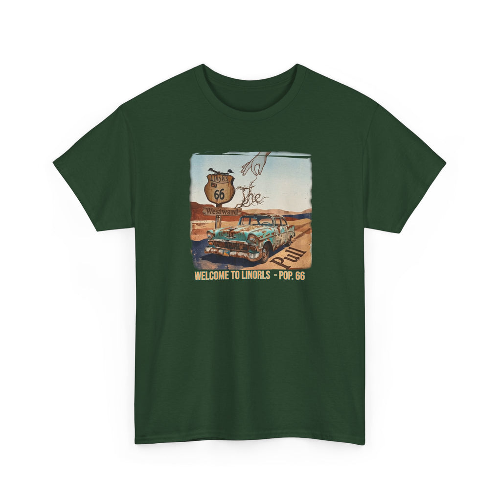 Highway 66 with old car Art print on Unisex Heavy Cotton Tshirt.
