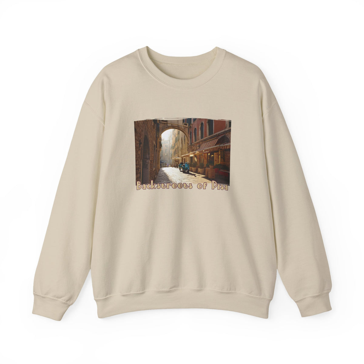 Backstreets of Pisa on Crewneck Sweatshirt — 50/50 blend  makes easy care .Tuscany Ar print