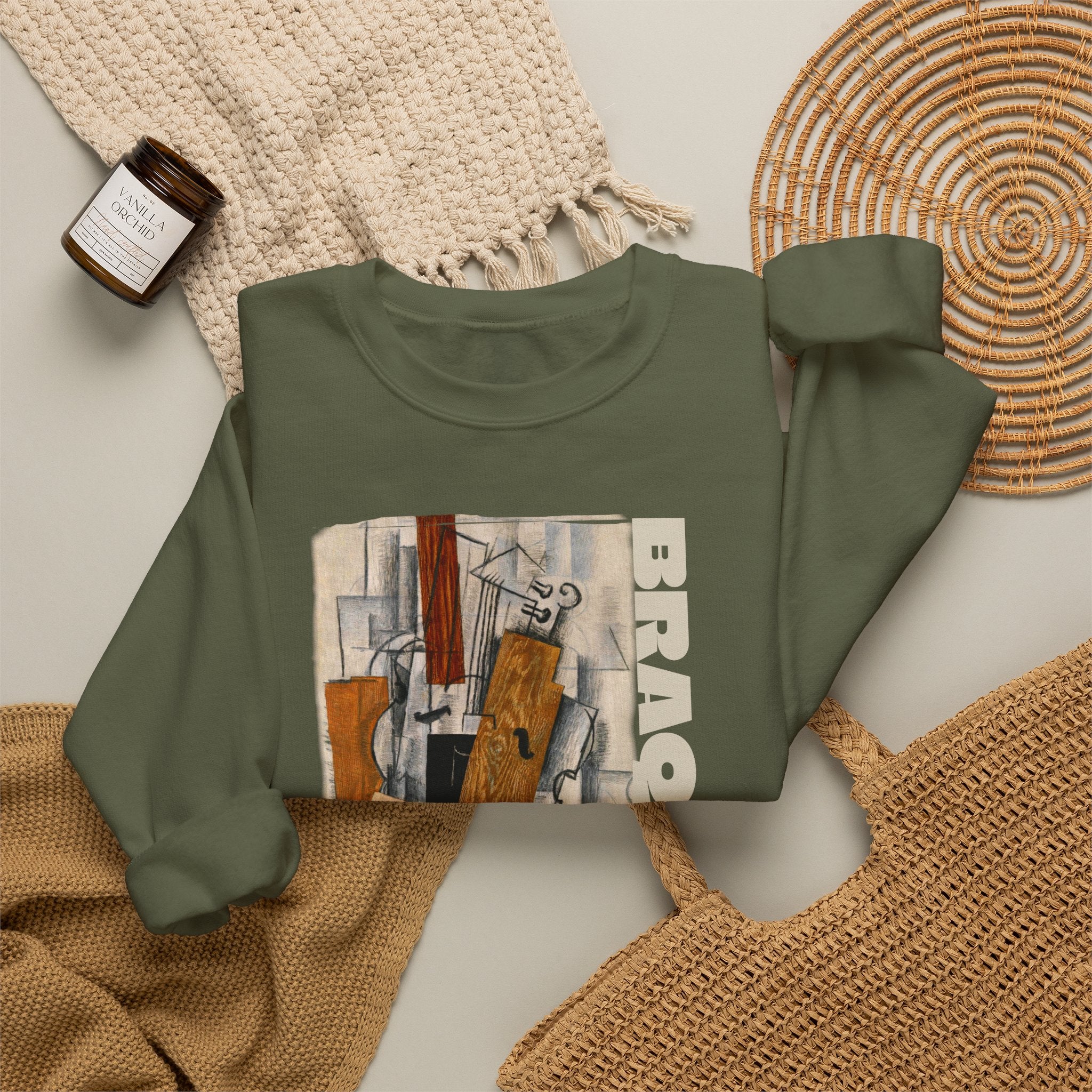 'Braque' Cubist Art print on Crewneck Sweatshirt medium heavy 50/50 cotton poly blend for durability.