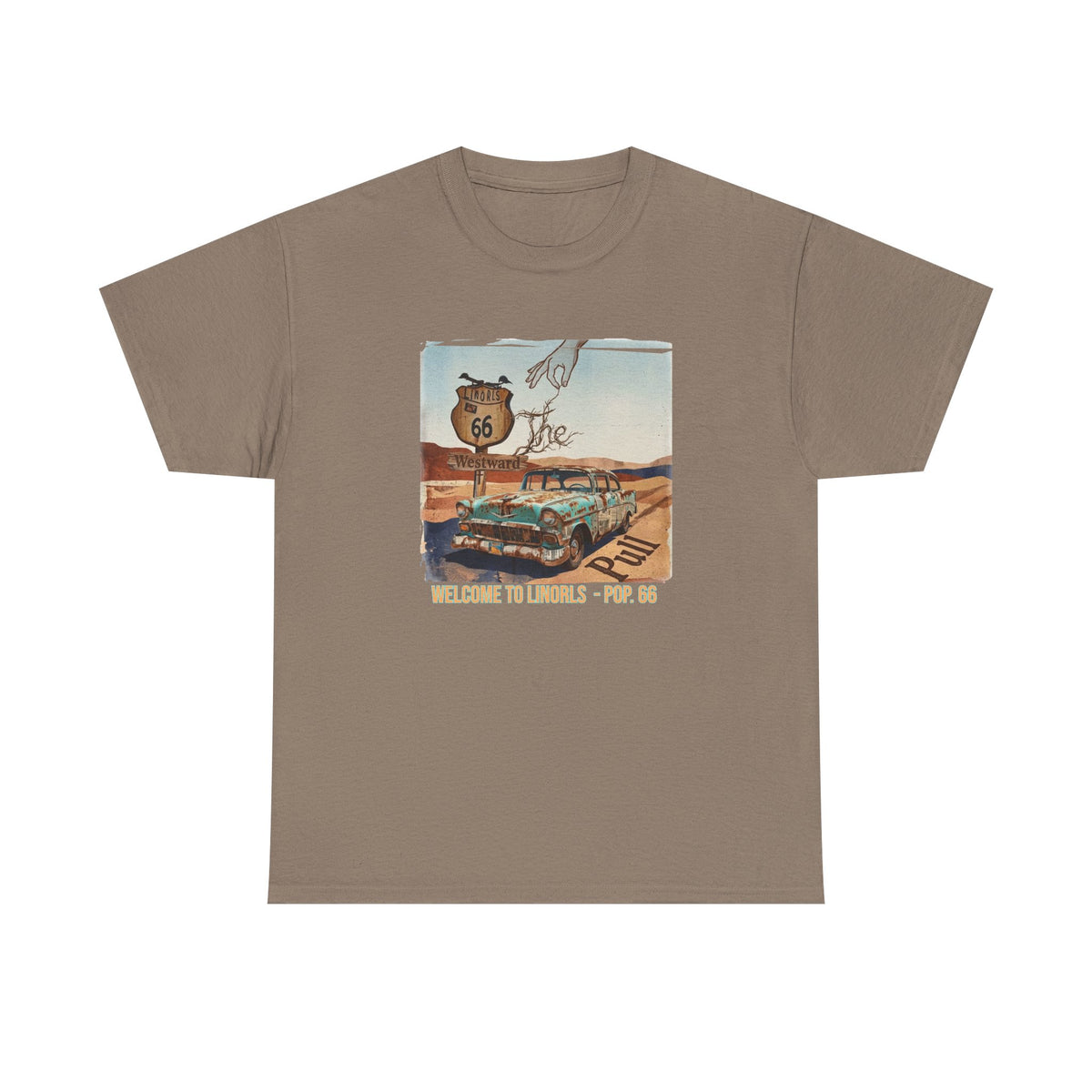 Route 66 Vintage Road Trip T‑Shirt — "Welcome to the Desert - Pop. 66" Art print