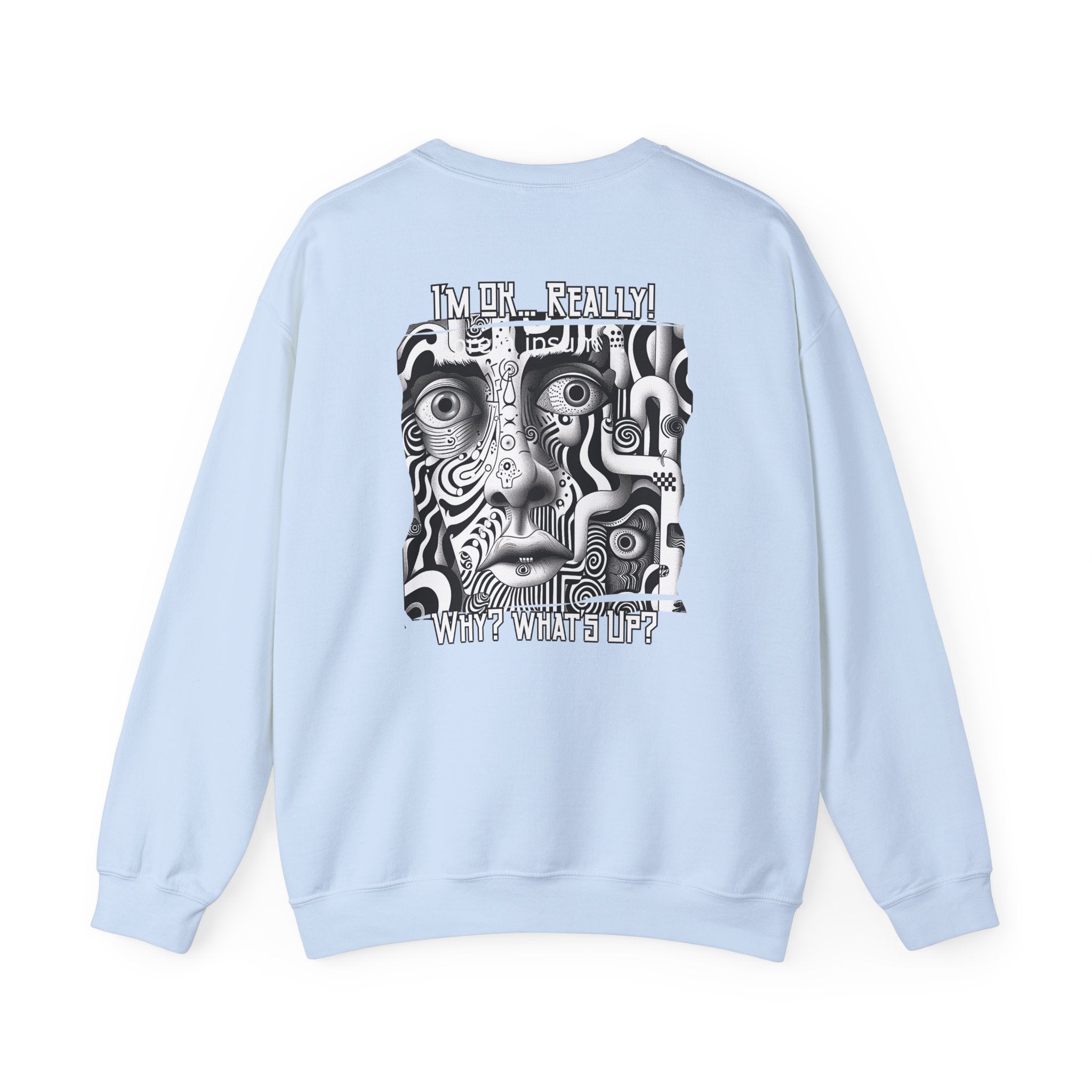 Black and White surreal-abstract face on the back of Crewneck Sweatshirt blend.