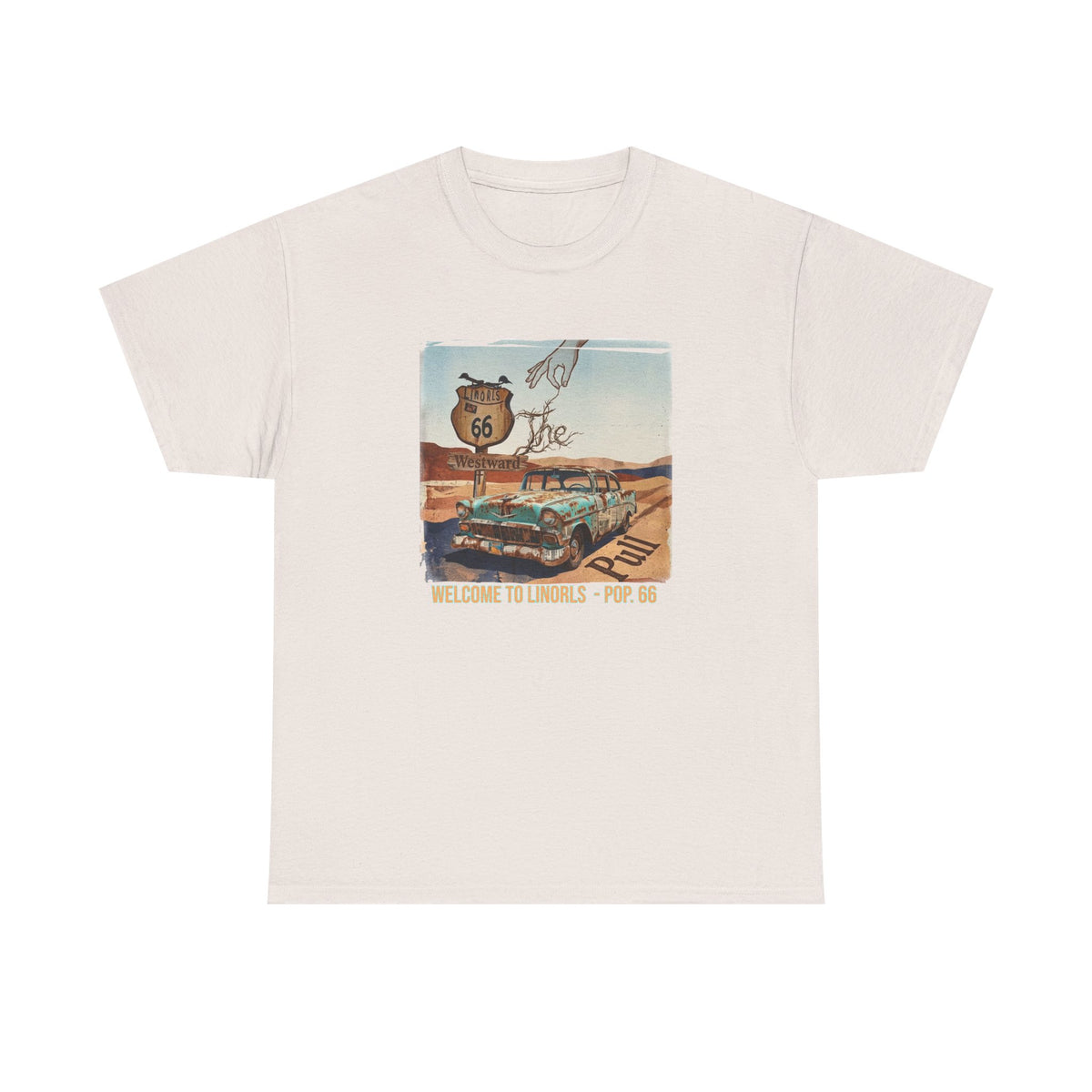 Route 66 Vintage Road Trip T‑Shirt — "Welcome to the Desert - Pop. 66" Art print