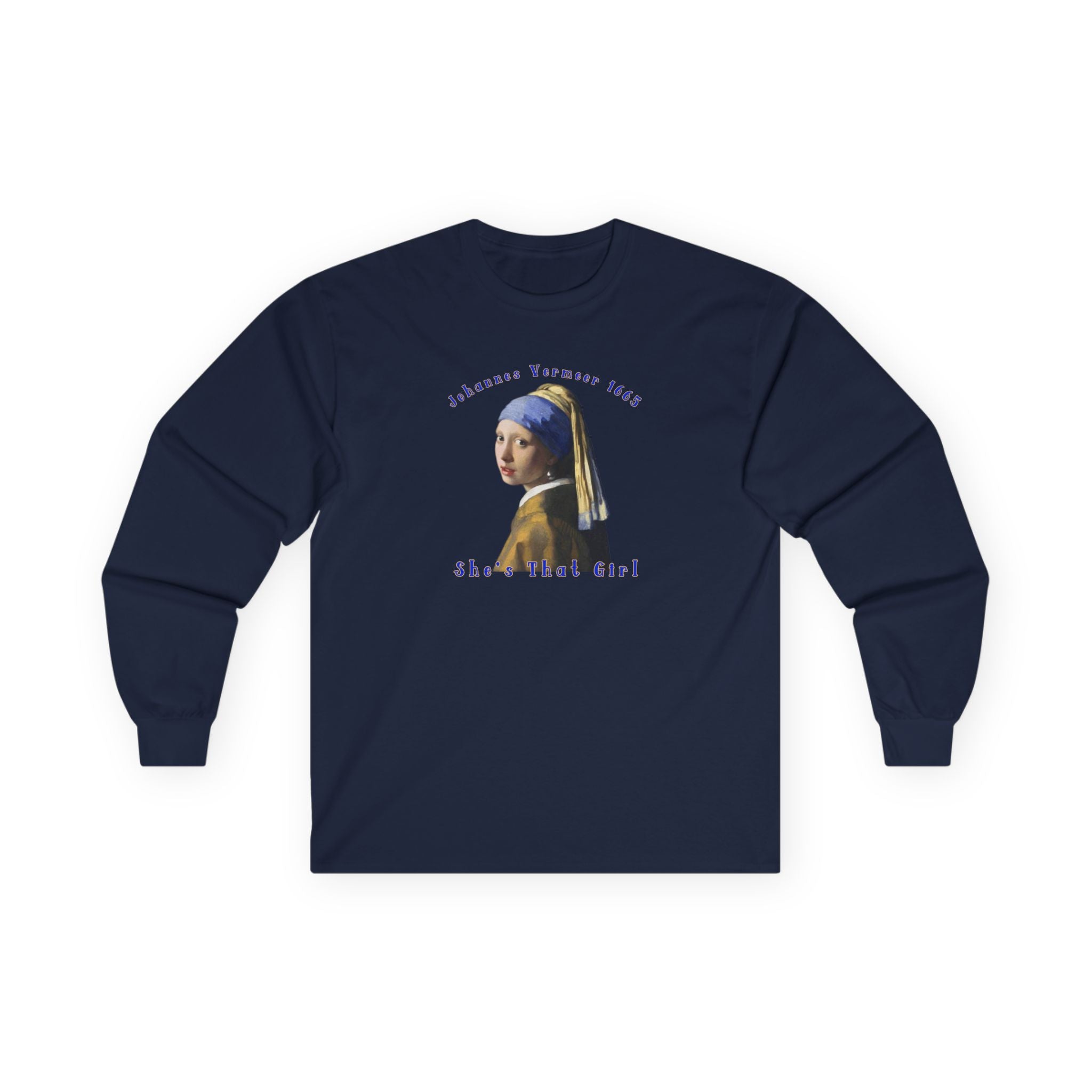 Thick feel cotton, medium weight Long Sleeve Tee — Girl with the pearl Earring Art print.