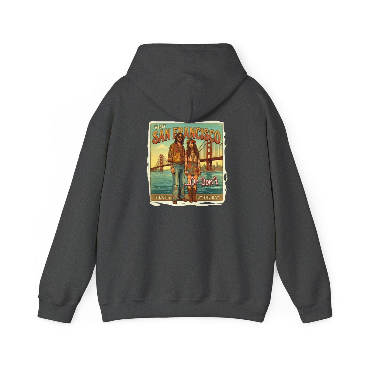 'Visit San Francisco' Retro Travel Art print on the back of cozy cotton blend hoodie.