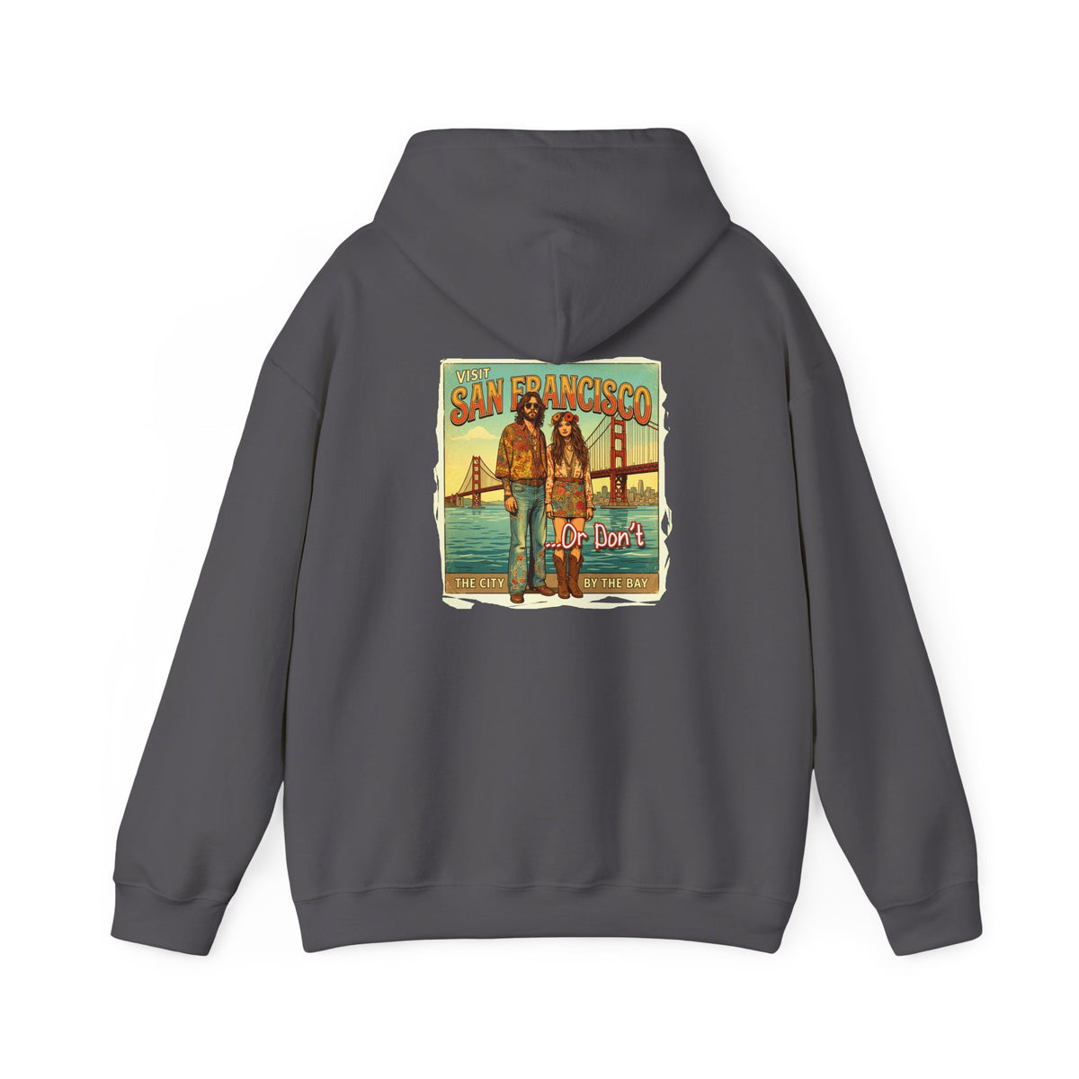 'Visit San Francisco' Retro Travel Art print on the back of cozy cotton blend hoodie.