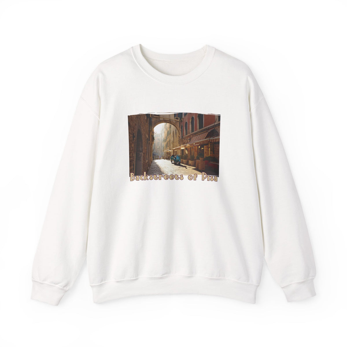 Backstreets of Pisa on Crewneck Sweatshirt — 50/50 blend  makes easy care .Tuscany Ar print