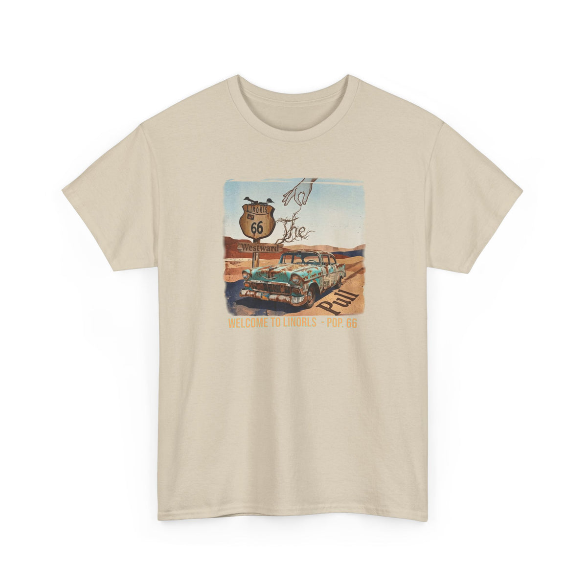 Highway 66 with old car Art print on Unisex Heavy Cotton Tshirt.