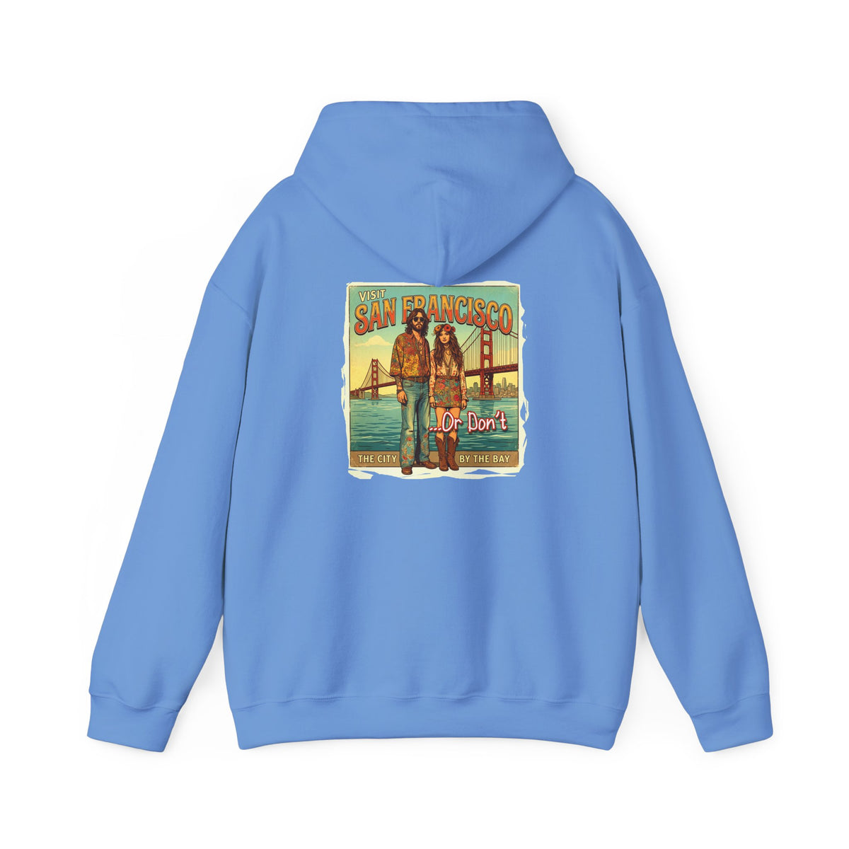 'Visit San Francisco' Retro Travel Art print on the back of cozy cotton blend hoodie.