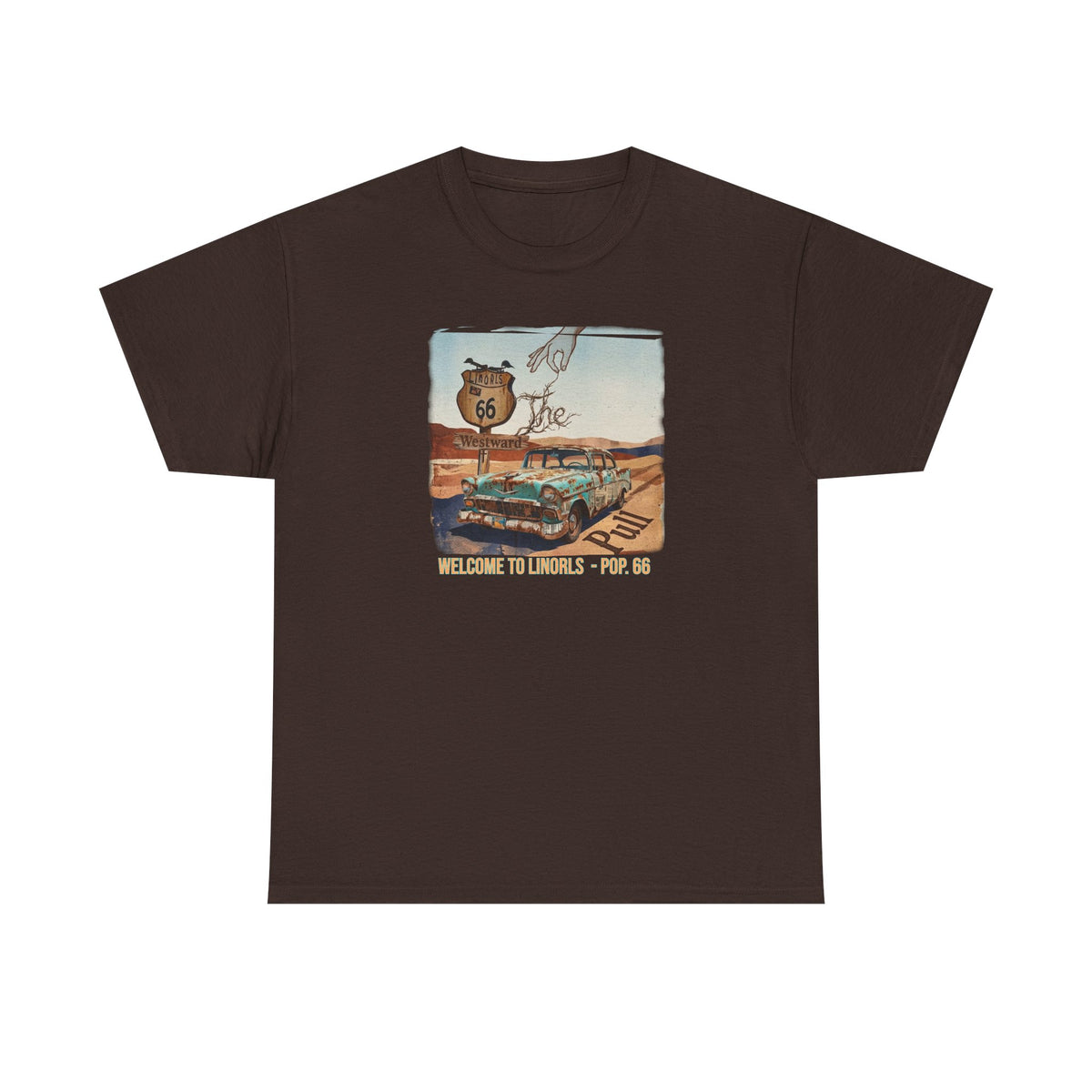 Highway 66 with old car Art print on Unisex Heavy Cotton Tshirt.