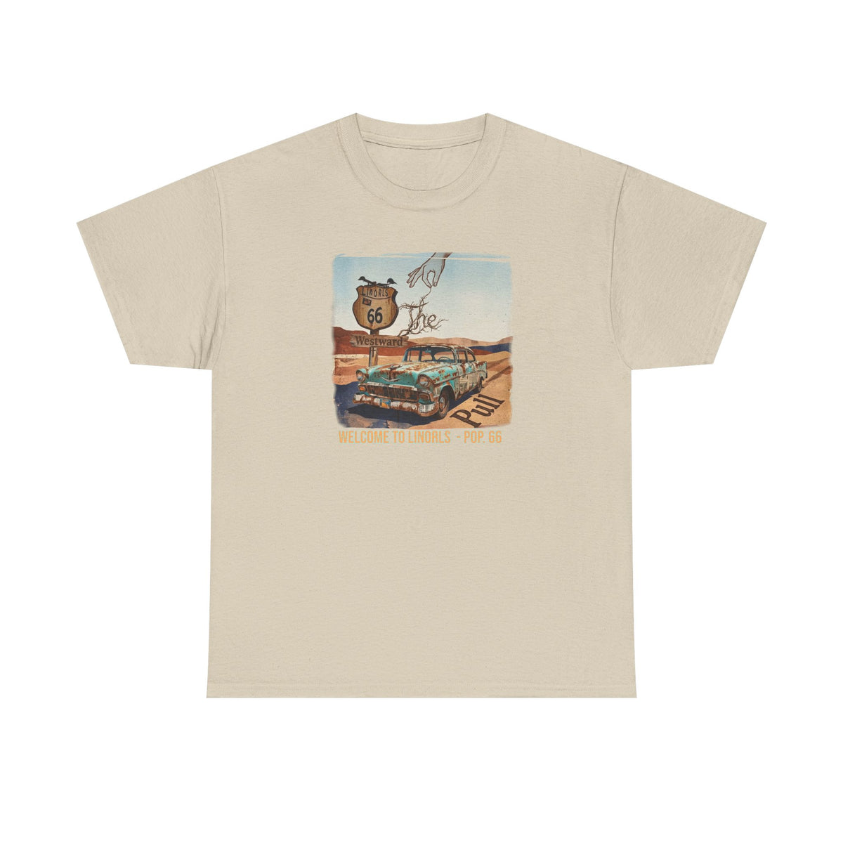 Highway 66 with old car Art print on Unisex Heavy Cotton Tshirt.