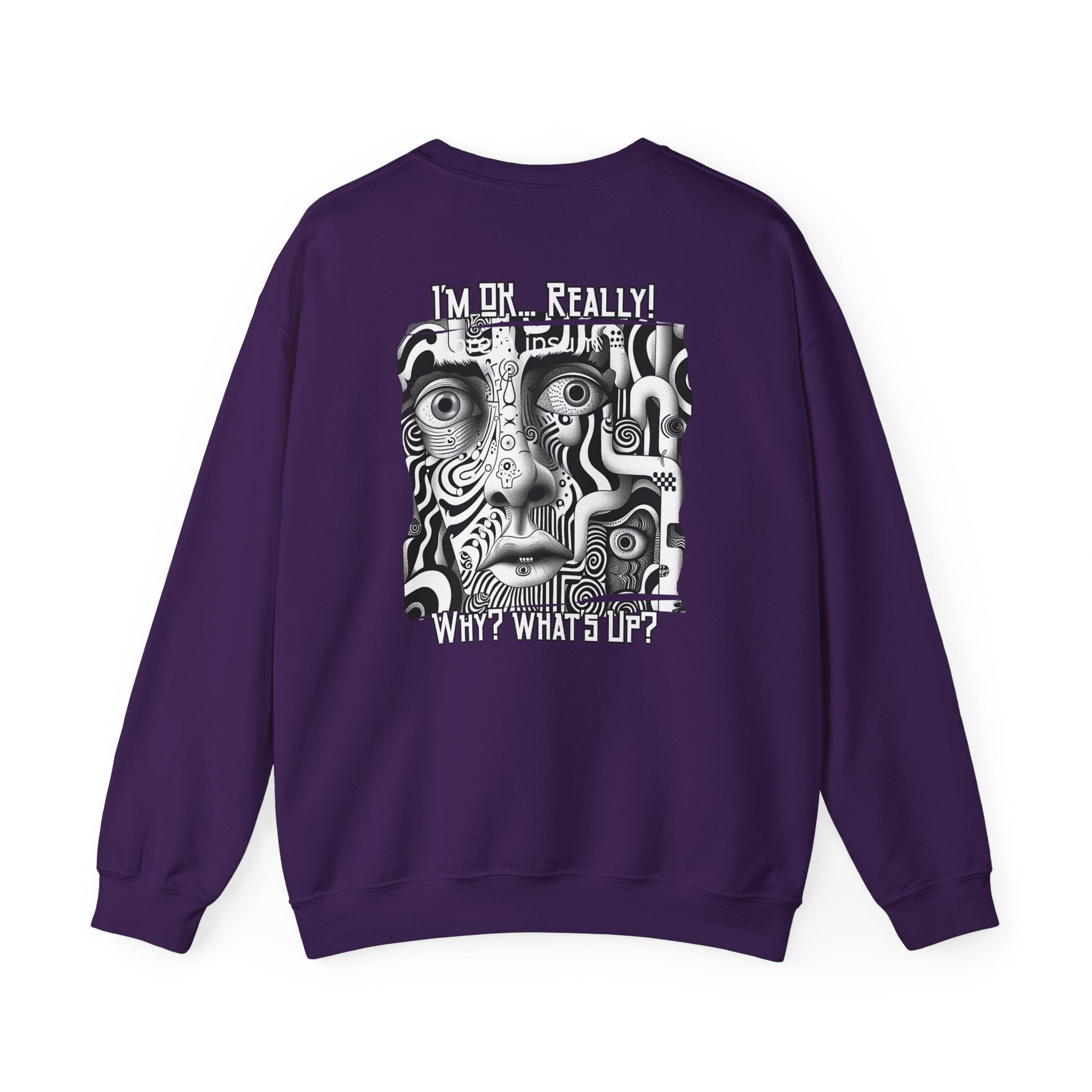 Black and White surreal-abstract face on the back of Crewneck Sweatshirt blend.
