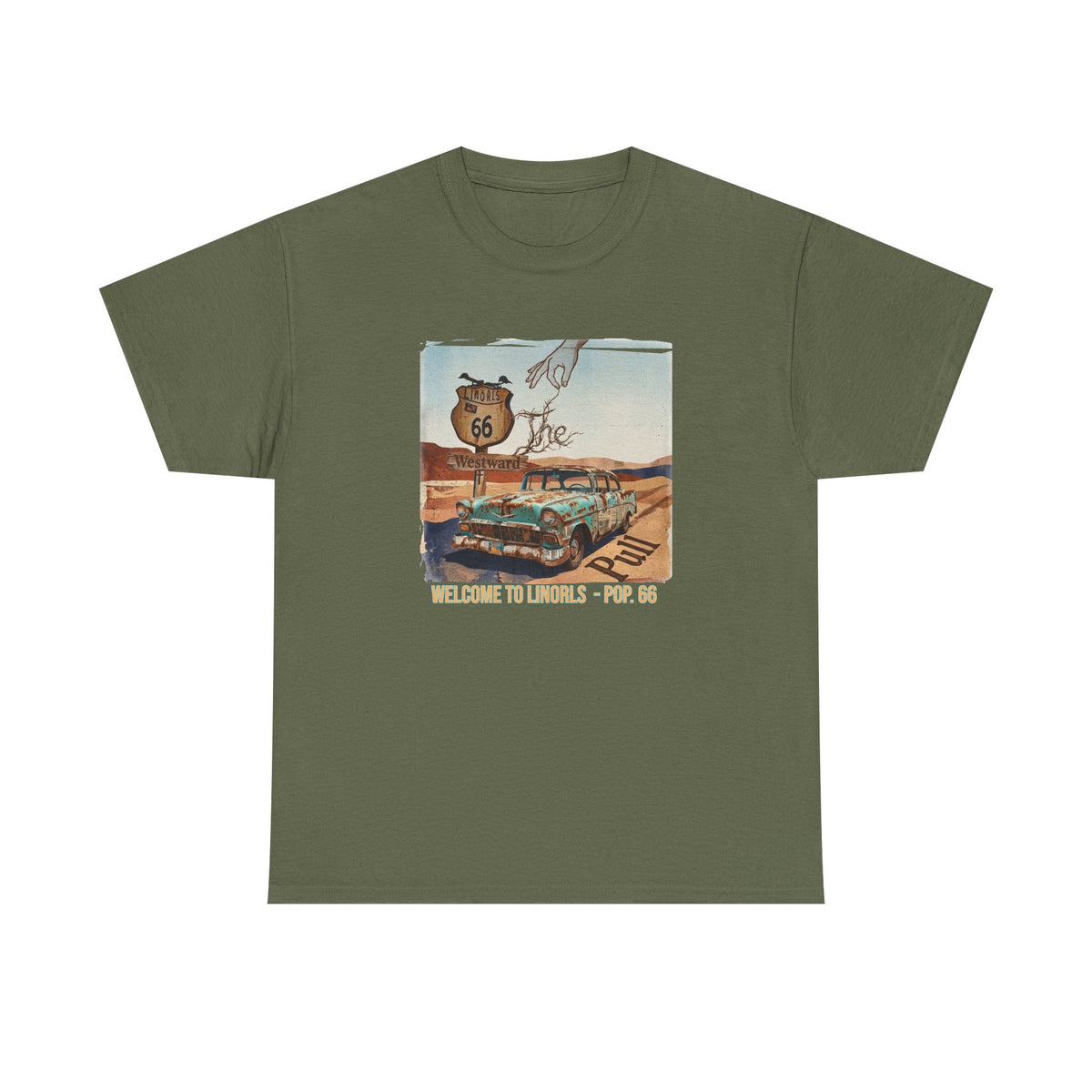 Route 66 Vintage Road Trip T‑Shirt — "Welcome to the Desert - Pop. 66" Art print