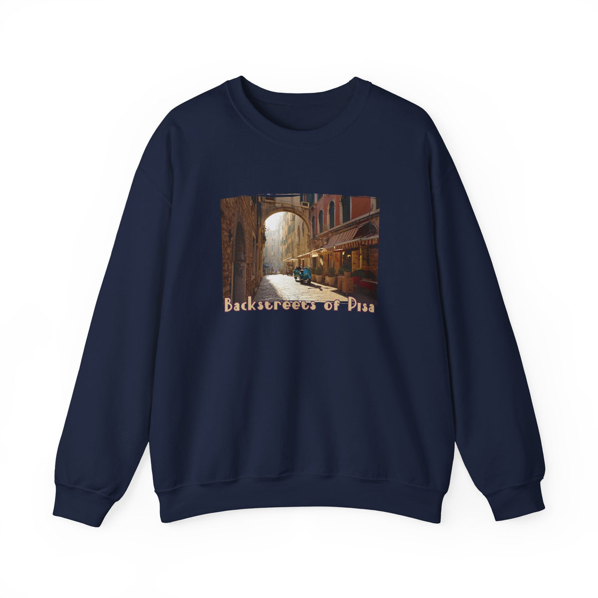Backstreets of Pisa on Crewneck Sweatshirt — 50/50 blend  makes easy care .Tuscany Ar print