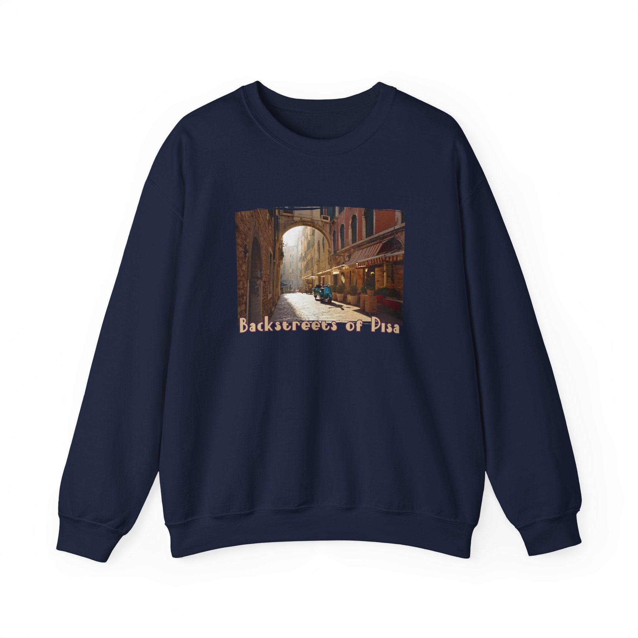 Backstreets of Pisa on Crewneck Sweatshirt — 50/50 blend  makes easy care .Tuscany Ar print