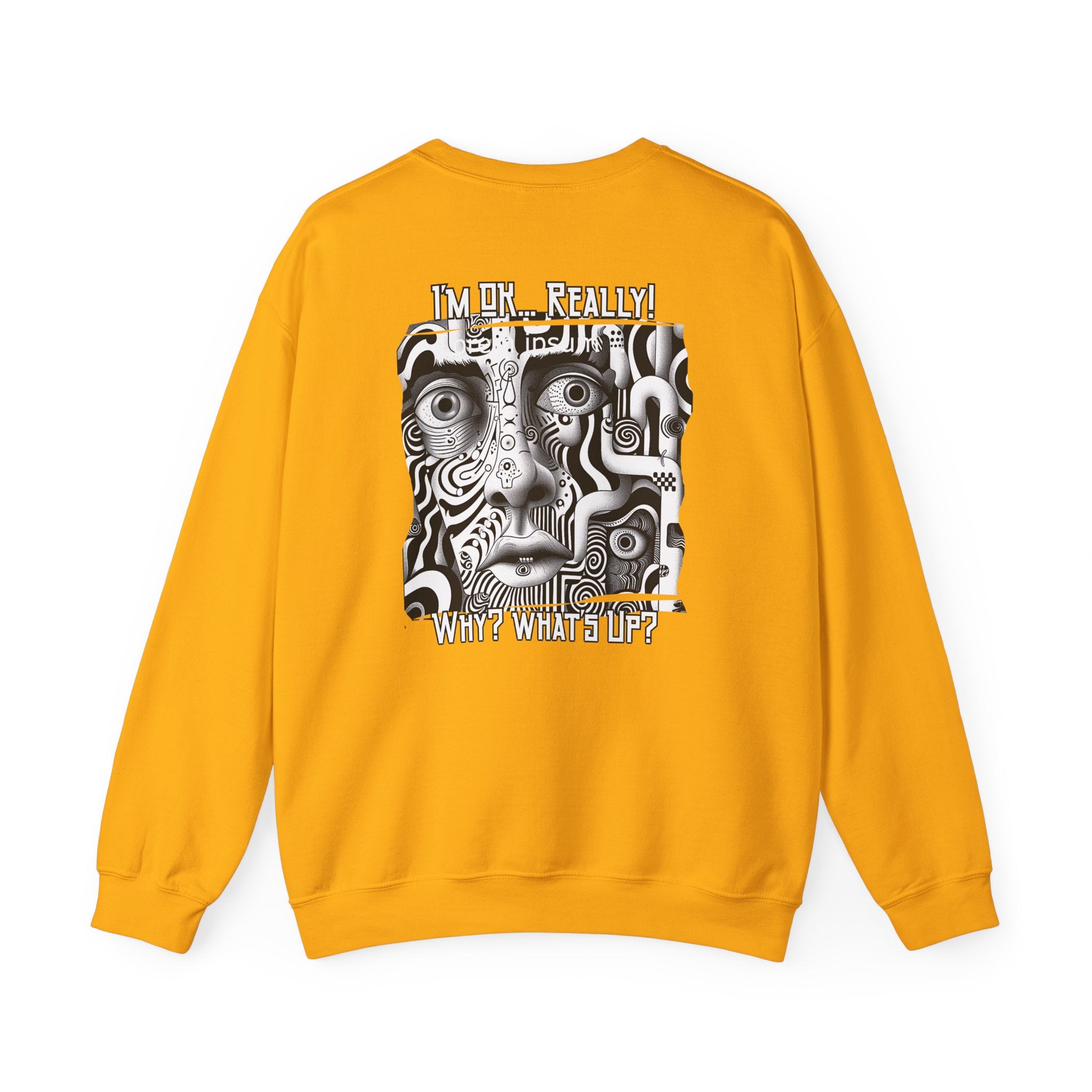 Black and White surreal-abstract face on the back of Crewneck Sweatshirt blend.