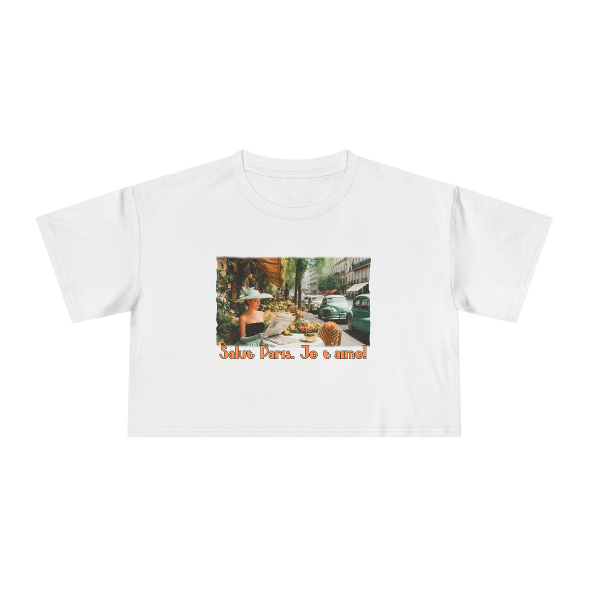 T-shirt court Vintage Paris Café – Imprimé d'art « Salut Paris, Je t'aime ».