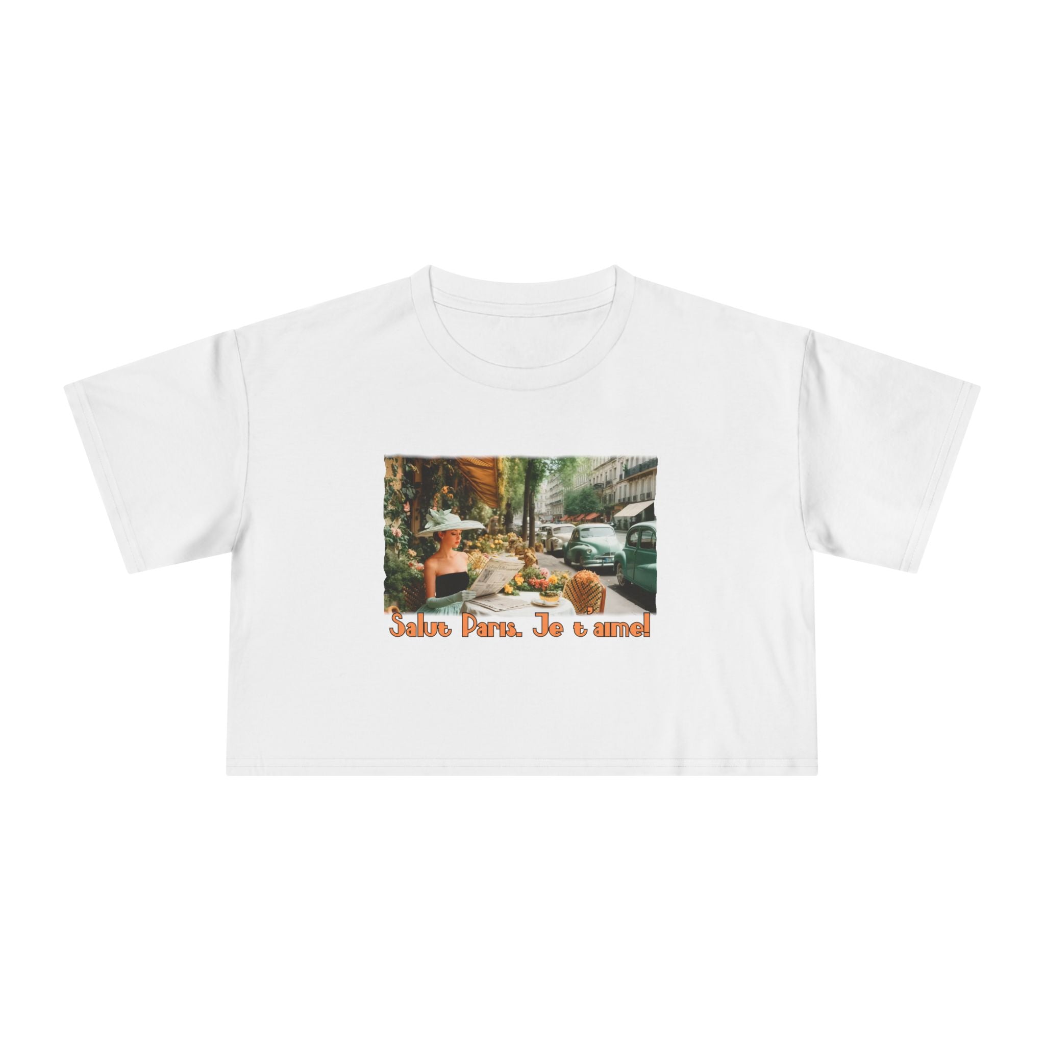 Paris Café Vintage Crop Tee – 'Salut Paris, Je t'aime' Art print.