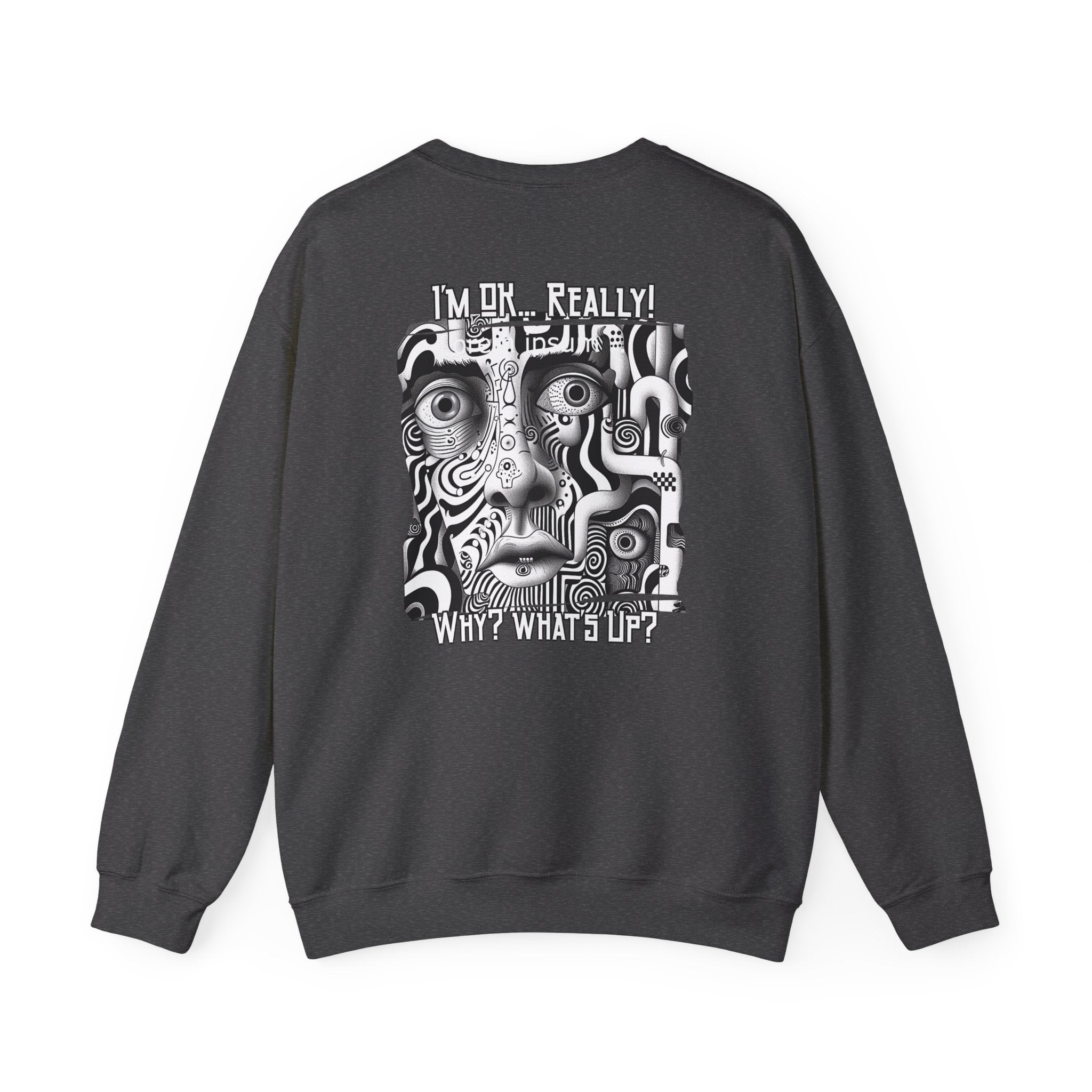 Black and White surreal-abstract face on the back of Crewneck Sweatshirt blend.