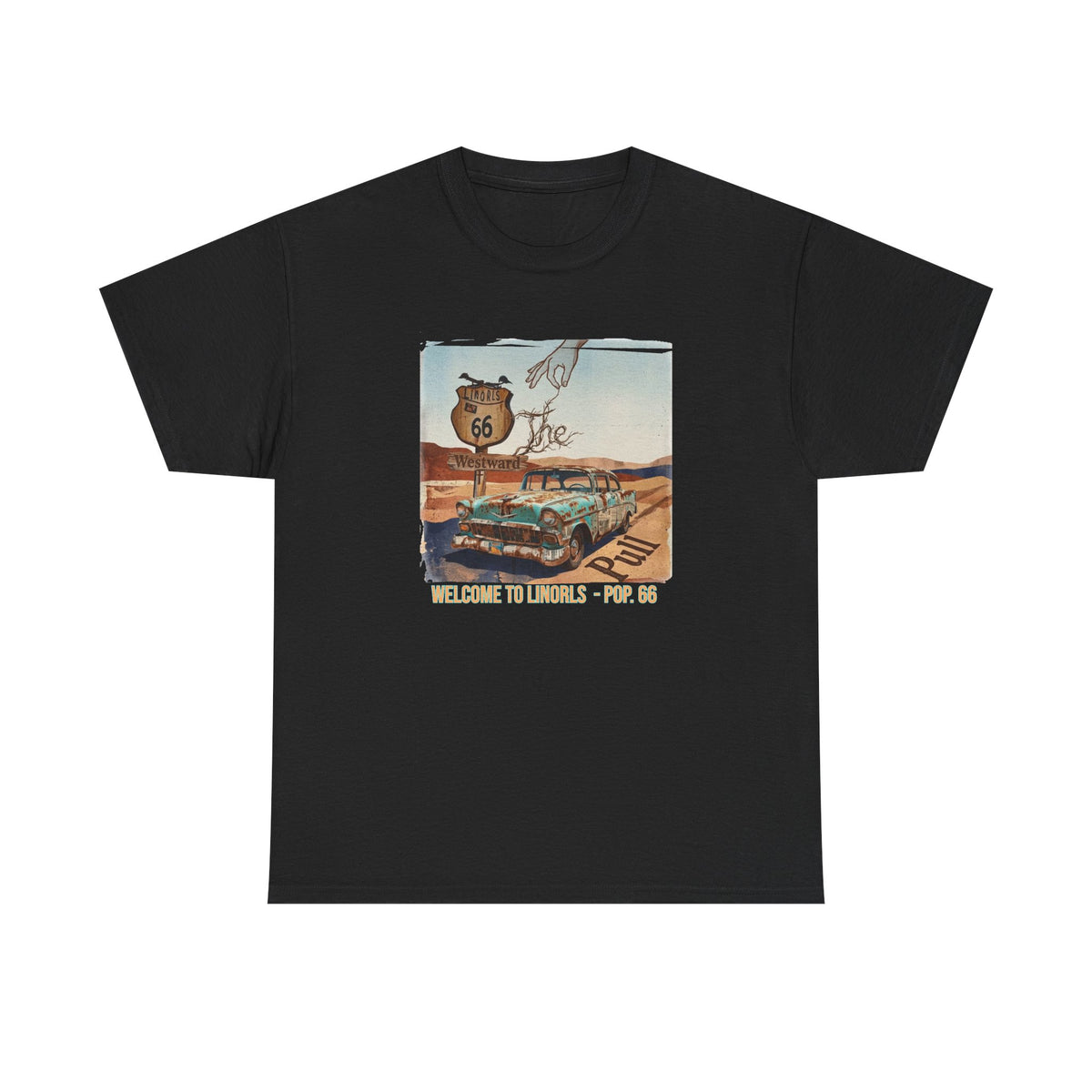 Route 66 Vintage Road Trip T‑Shirt — "Welcome to the Desert - Pop. 66" Art print