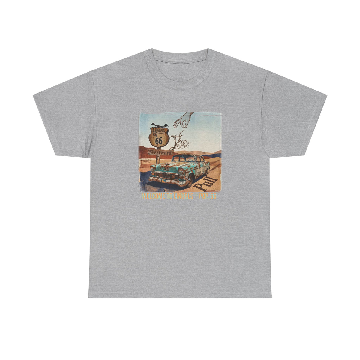 Route 66 Vintage Road Trip T‑Shirt — "Welcome to the Desert - Pop. 66" Art print