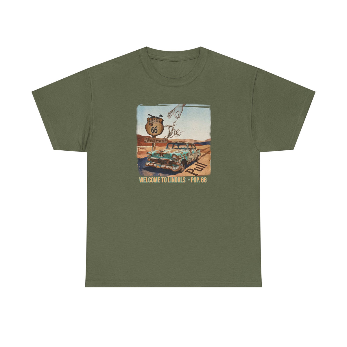 Highway 66 with old car Art print on Unisex Heavy Cotton Tshirt.