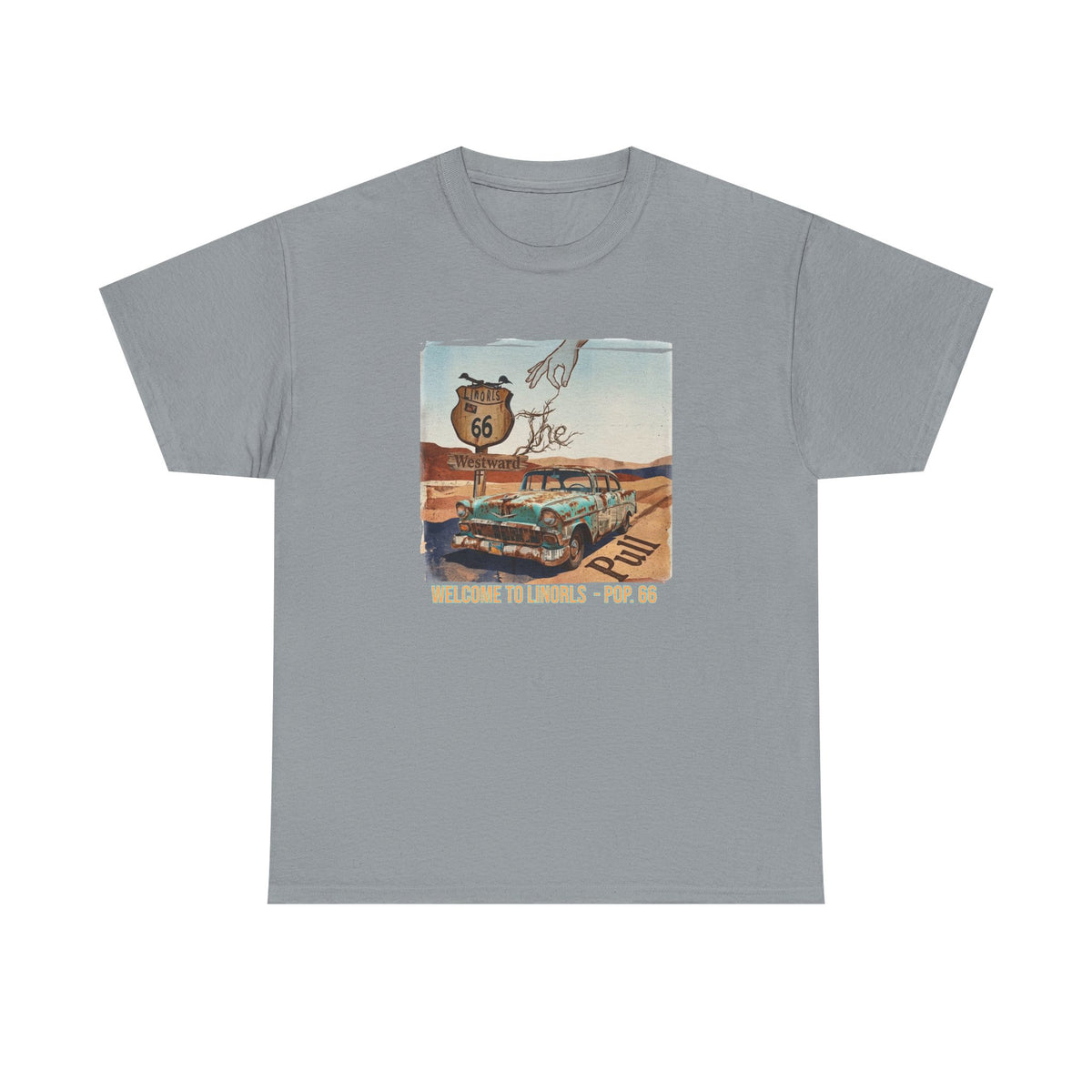 Route 66 Vintage Road Trip T‑Shirt — "Welcome to the Desert - Pop. 66" Art print