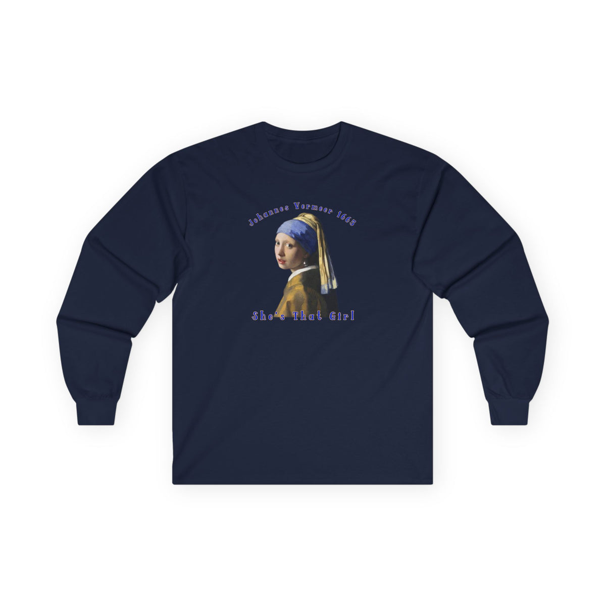T-shirt à manches longues en coton épais et de poids moyen, avec l'estampe La Jeune Fille à la perle de Johannes Vermeer