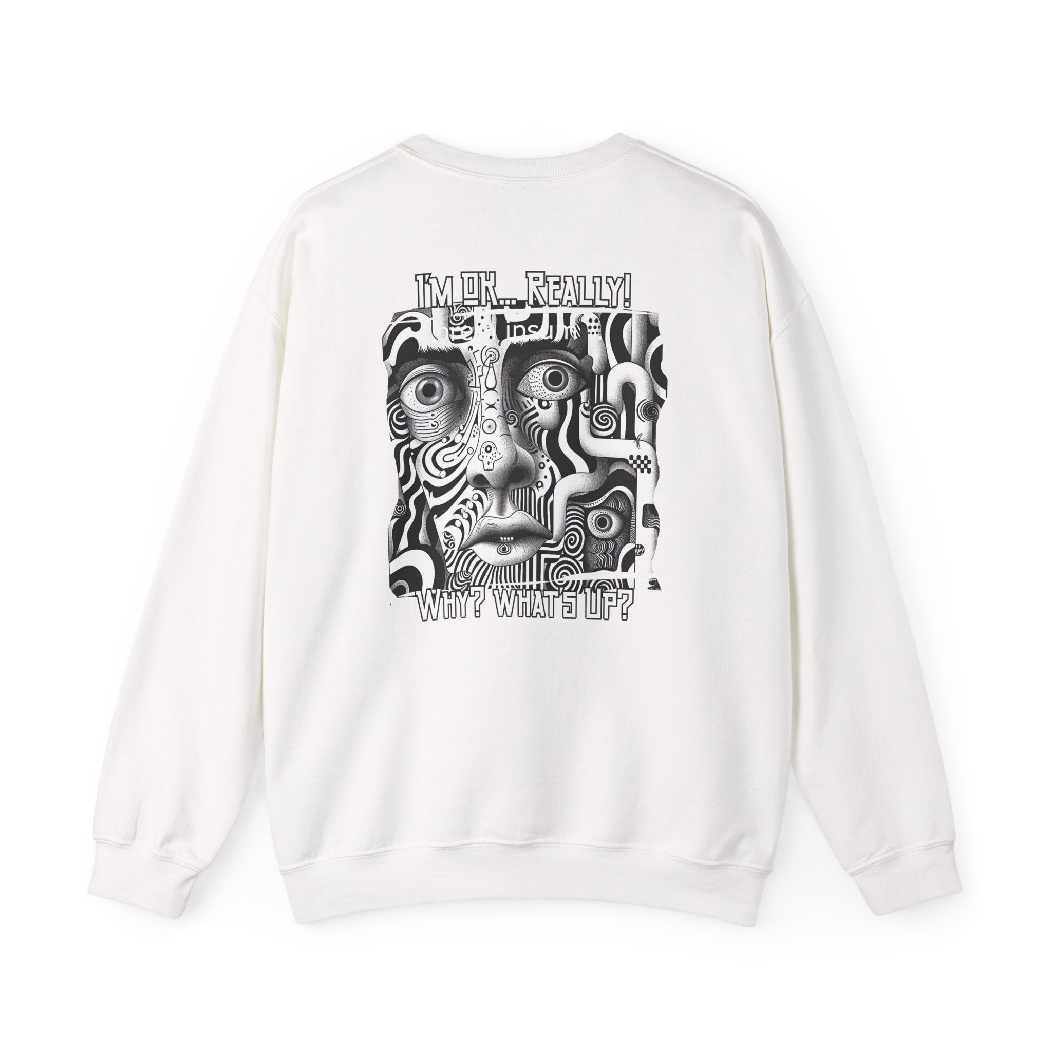 Black and White surreal-abstract face on the back of Crewneck Sweatshirt blend.