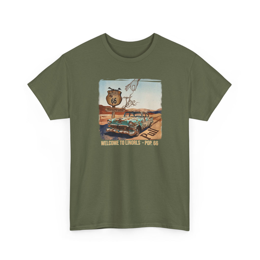Highway 66 with old car Art print on Unisex Heavy Cotton Tshirt.