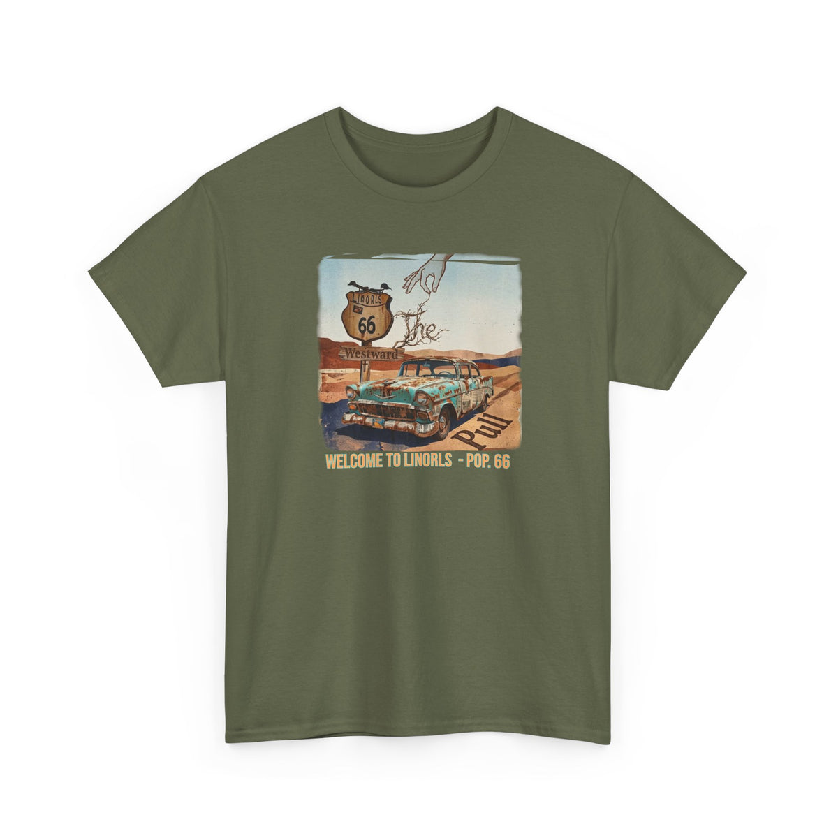 Highway 66 with old car Art print on Unisex Heavy Cotton Tshirt.