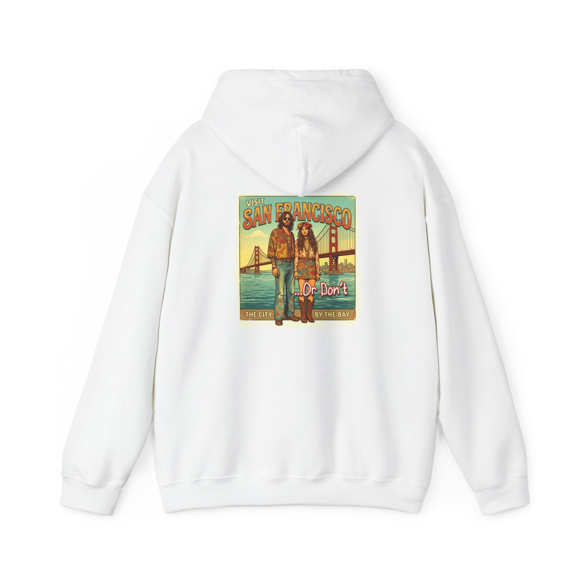 'Visit San Francisco' Retro Travel Art print on the back of cozy cotton blend hoodie.