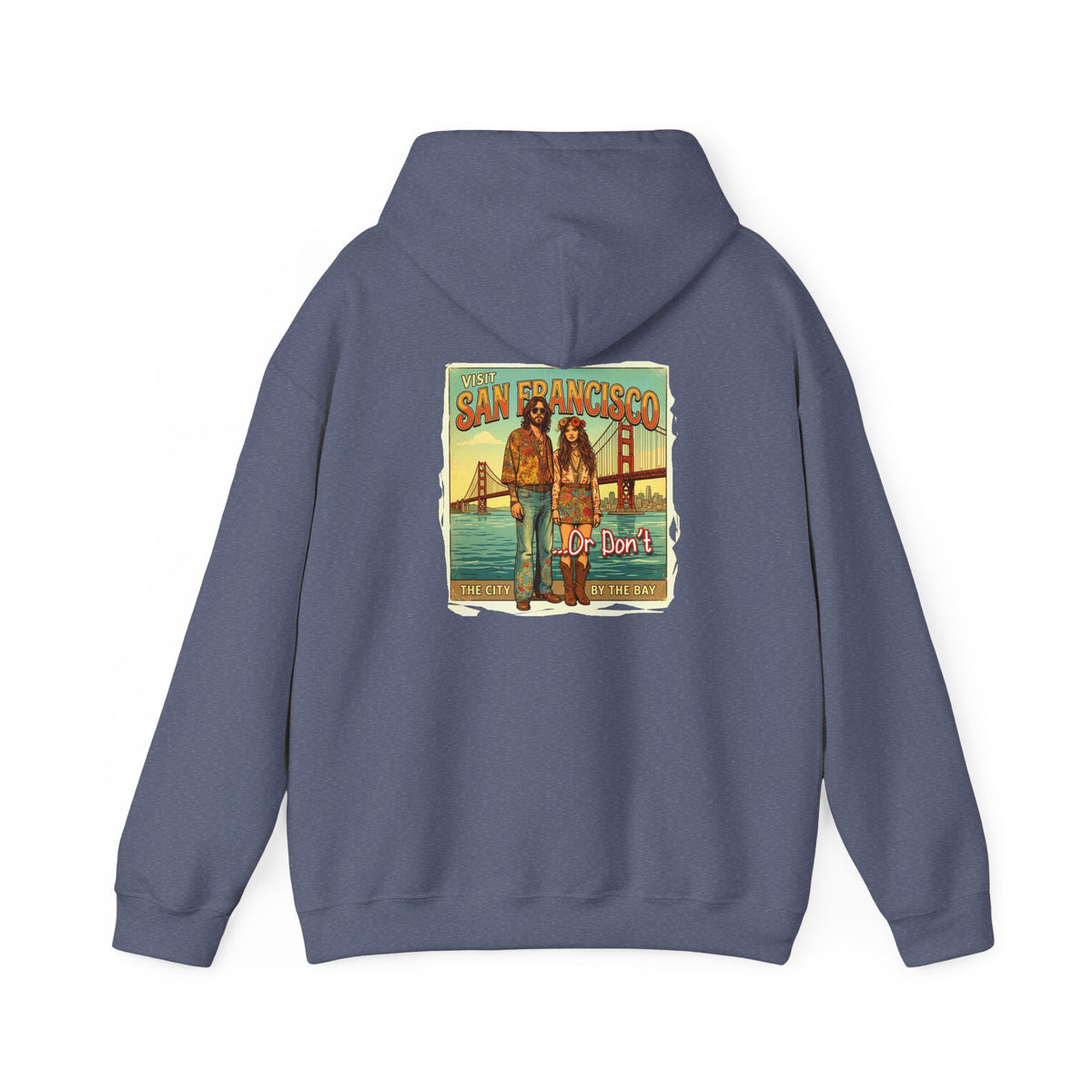 'Visit San Francisco' Retro Travel Art print on the back of cozy cotton blend hoodie.