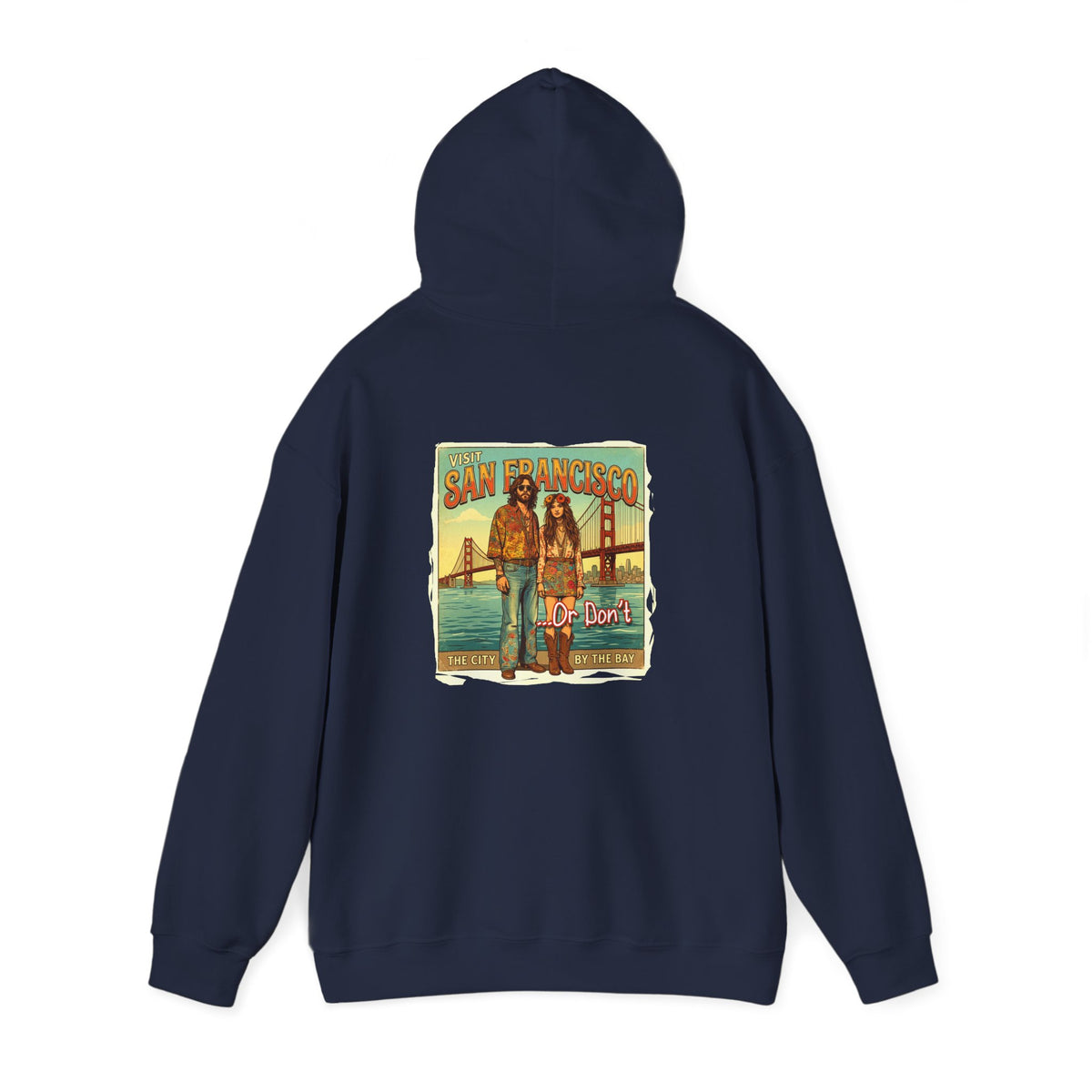 'Visit San Francisco' Retro Travel Art print on the back of cozy cotton blend hoodie.