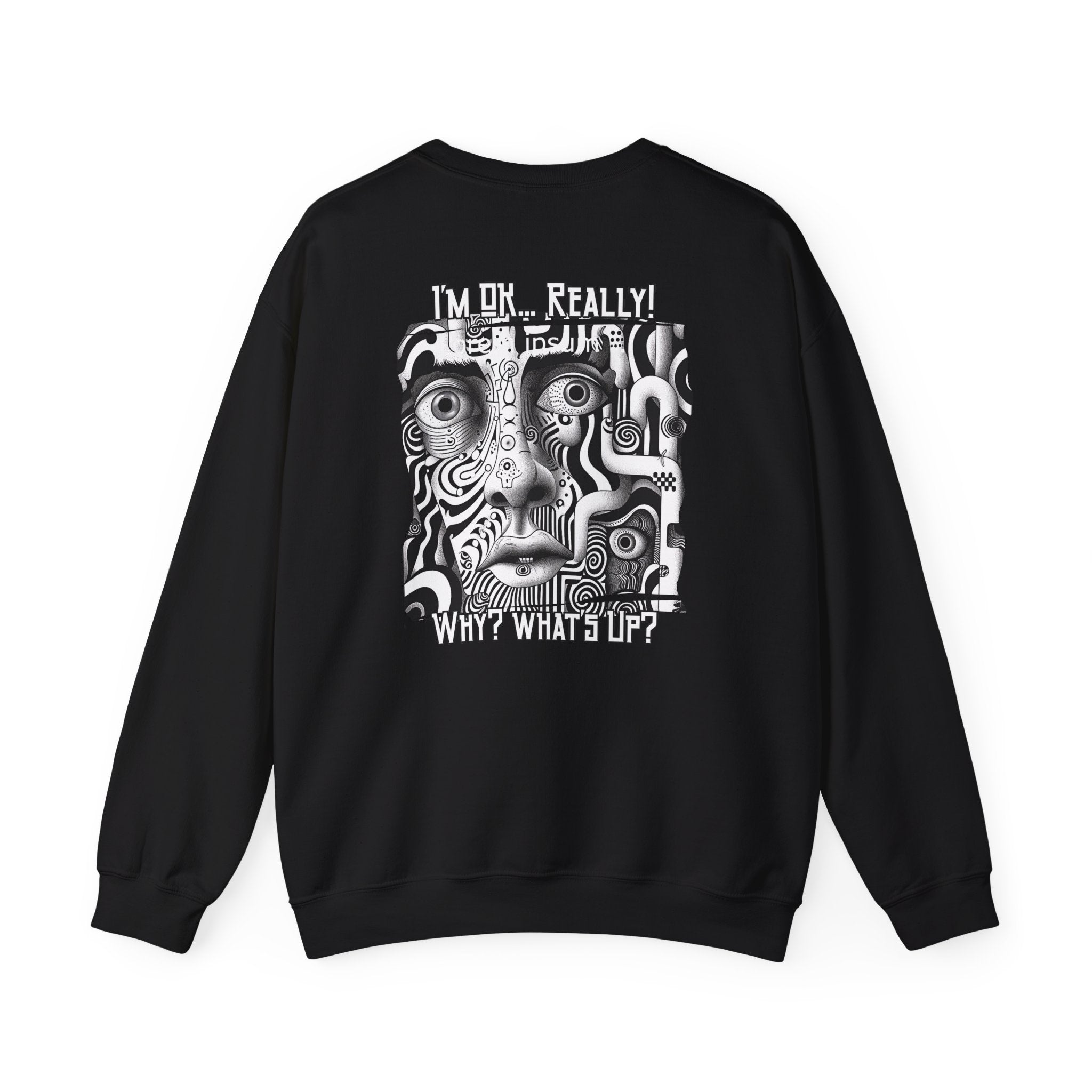 Black and White surreal-abstract face on the back of Crewneck Sweatshirt blend.