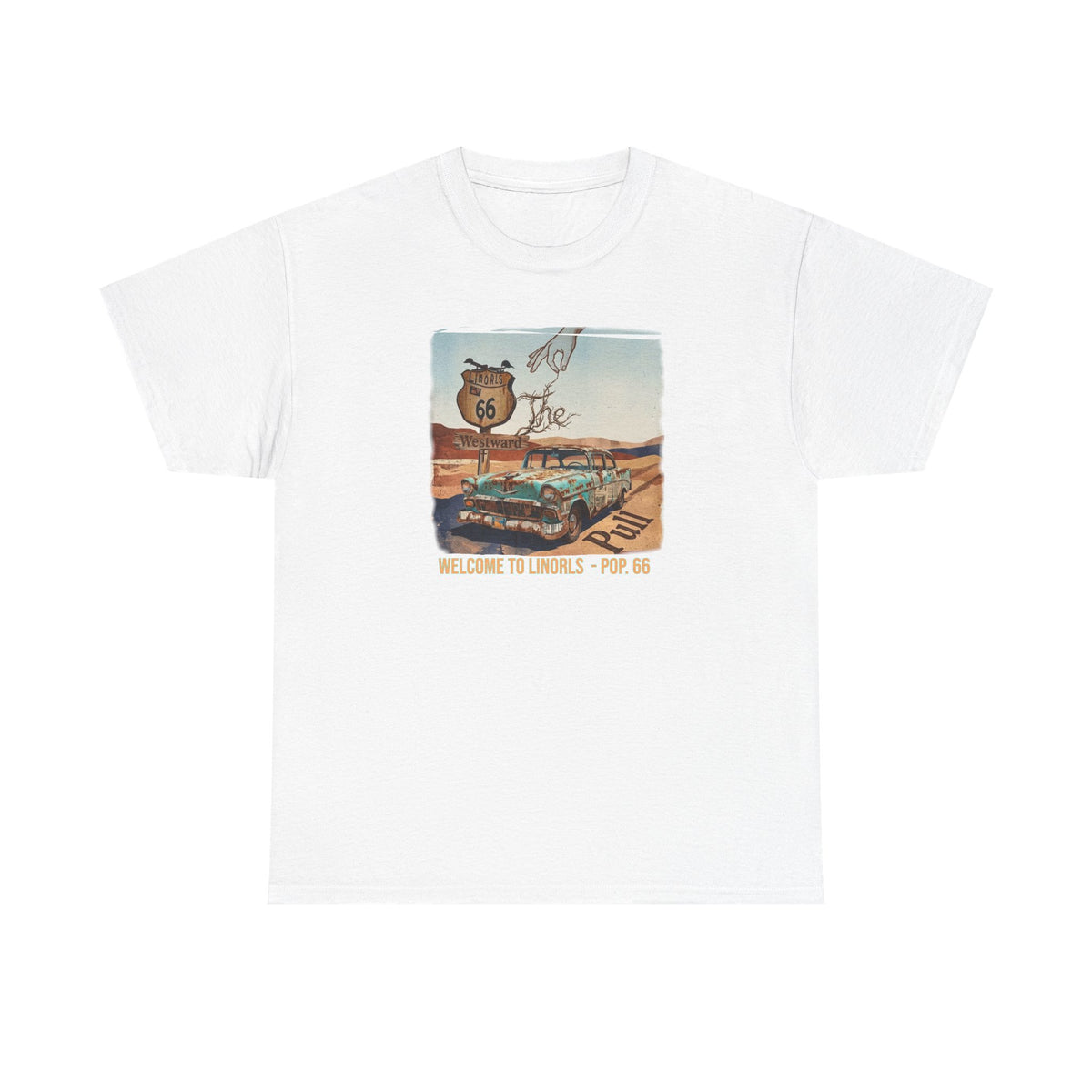 Highway 66 with old car Art print on Unisex Heavy Cotton Tshirt.