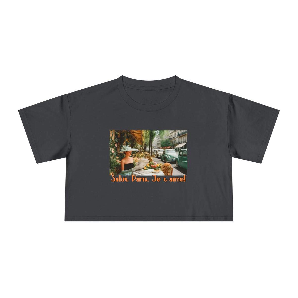 T-shirt court Vintage Paris Café – Imprimé d'art « Salut Paris, Je t'aime ».