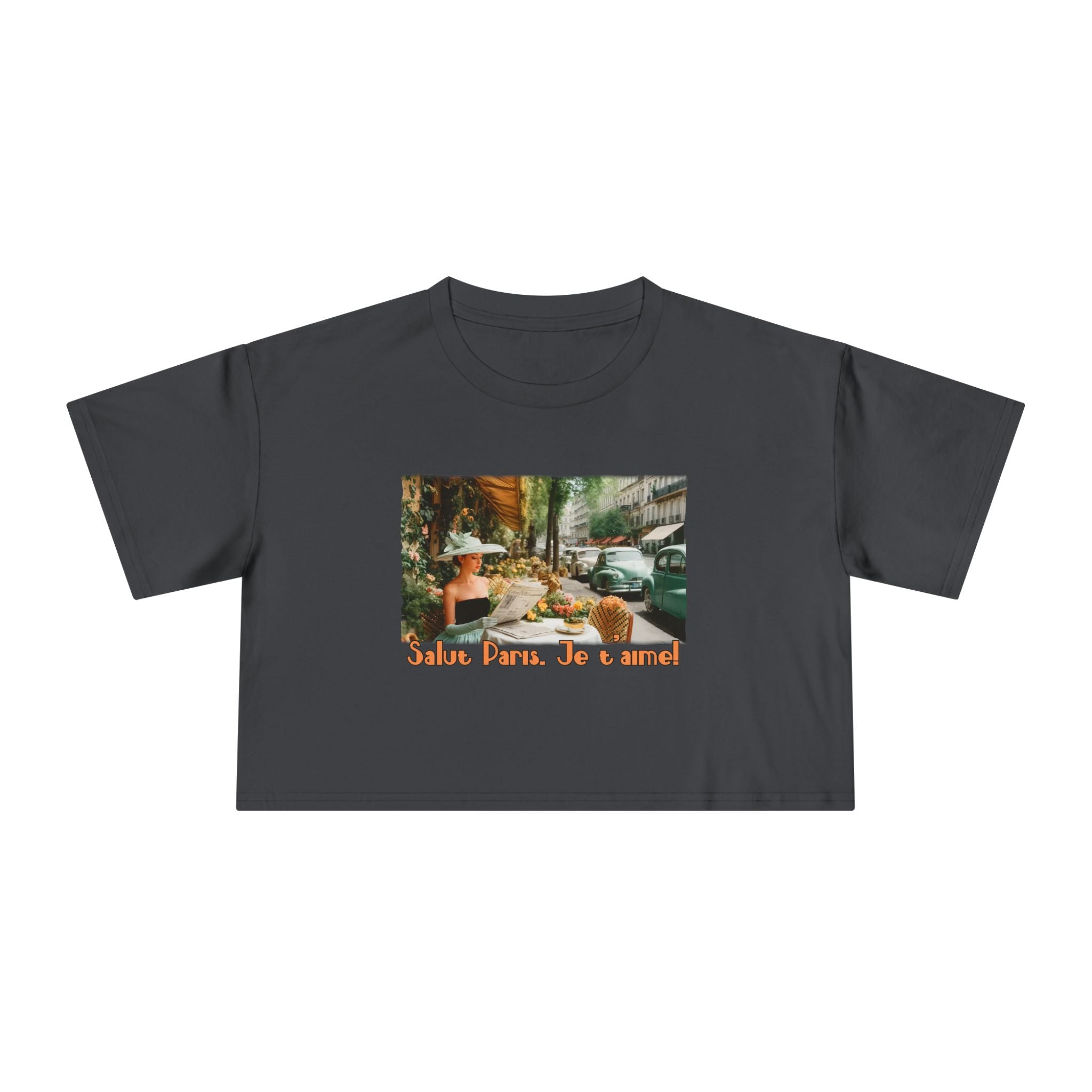 Paris Café Vintage Crop Tee – 'Salut Paris, Je t'aime' Art print.