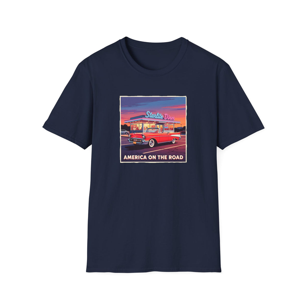 "America on the Road" Vintage Car Tee on 100% lightweight cotton