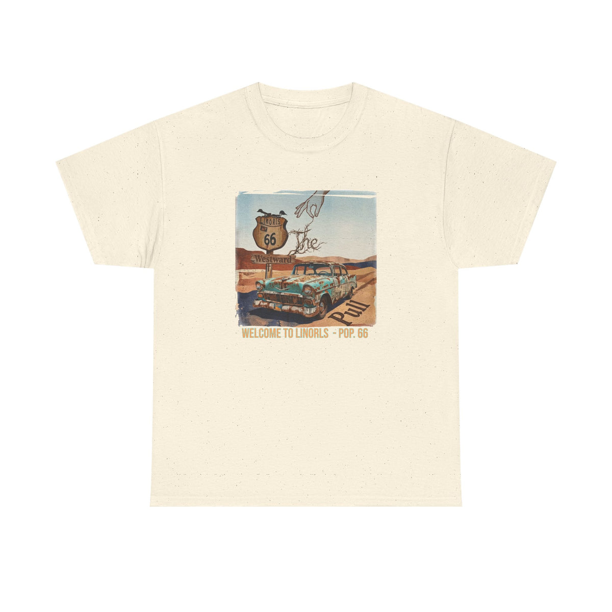 Route 66 Vintage Road Trip T‑Shirt — "Welcome to the Desert - Pop. 66" Art print