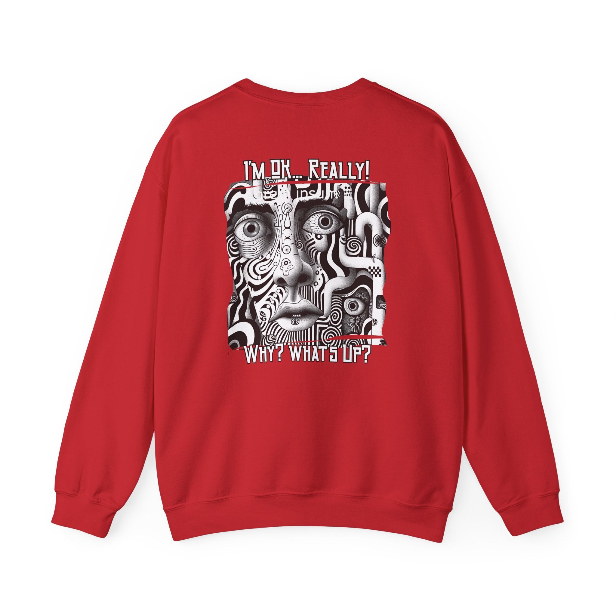 Black and White surreal-abstract face on the back of Crewneck Sweatshirt blend.